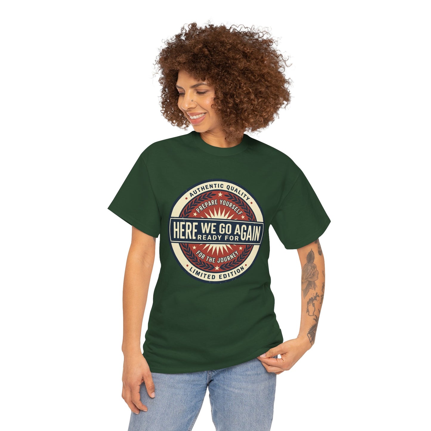 Here We Go Again Vintage Badge Tee — Retro Adventure Graphic T-Shirt