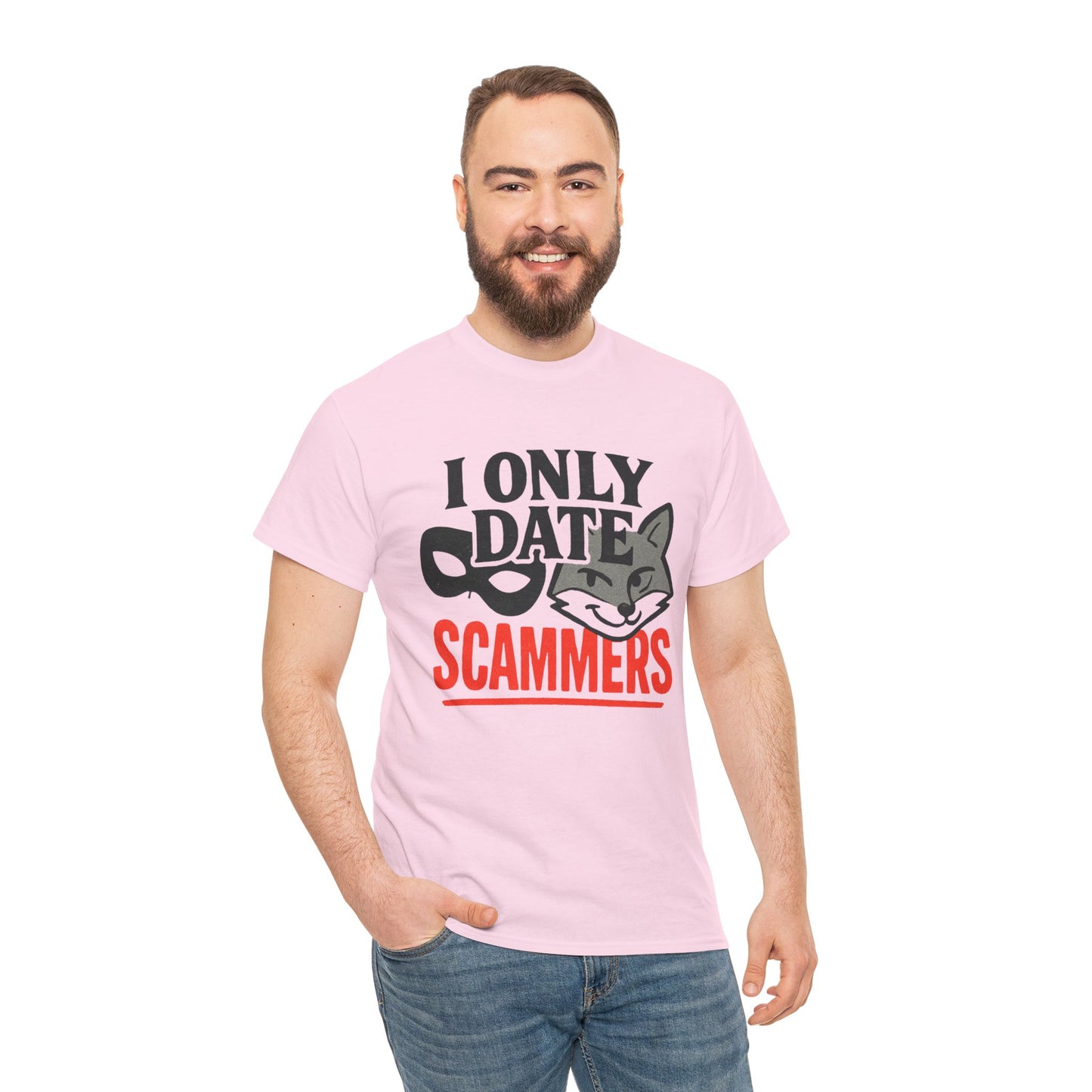 T-Shirt — I Only Date Scammers Graphic Tee (Funny Cat Mask Design)