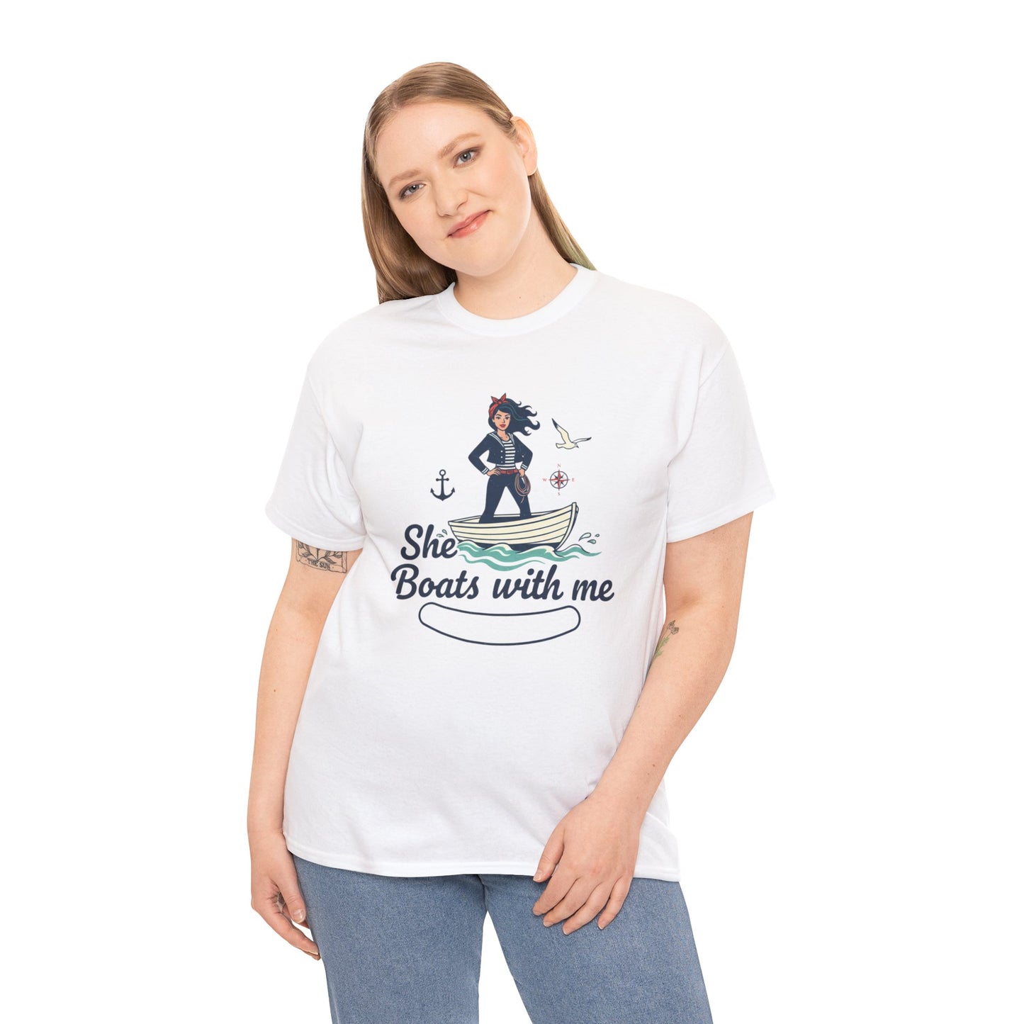 T-Shirt — "She Boats With Me" Nautical Couple Tee Printify