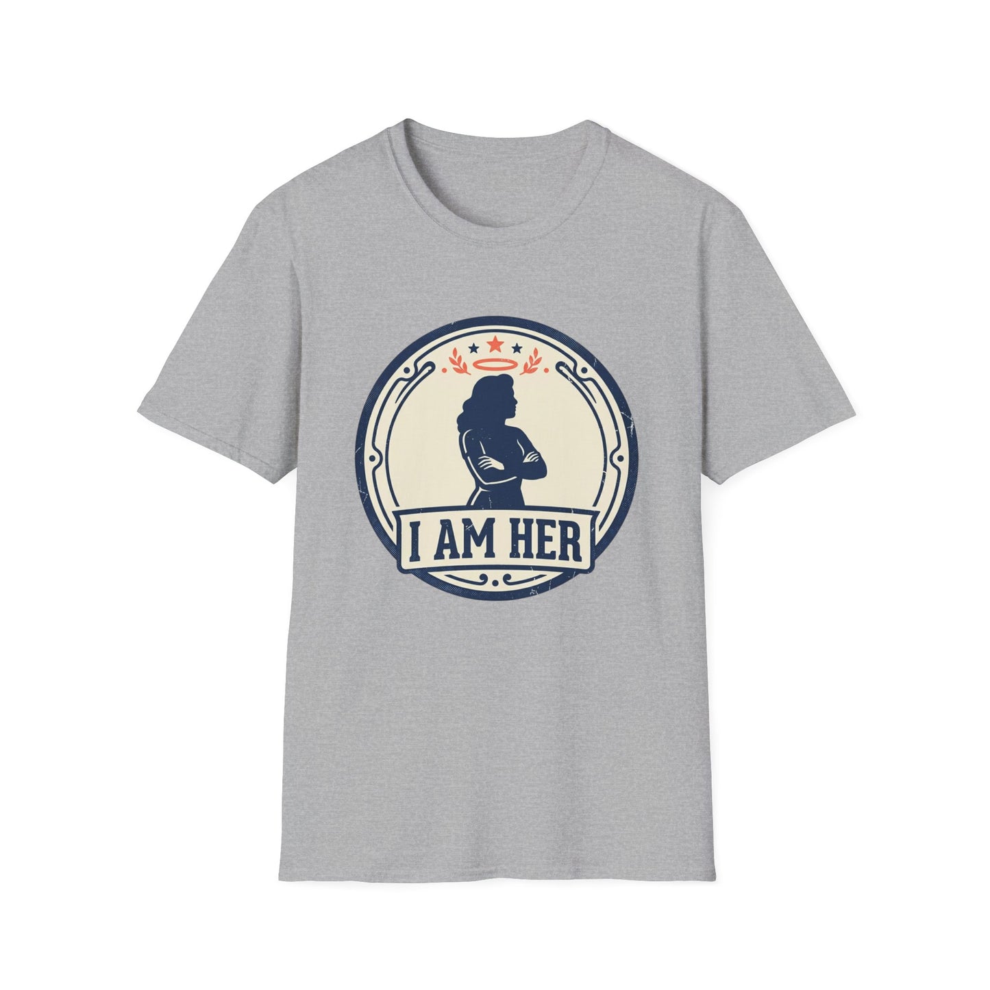 I Am Her Women’s T-Shirt — Empowering Mom & Woman Pride Vintage Badge Tee