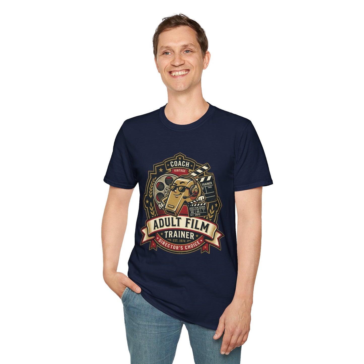 Adult Film Trainer T-Shirt — Vintage Director’s Coach Movie Reel Tee Printify