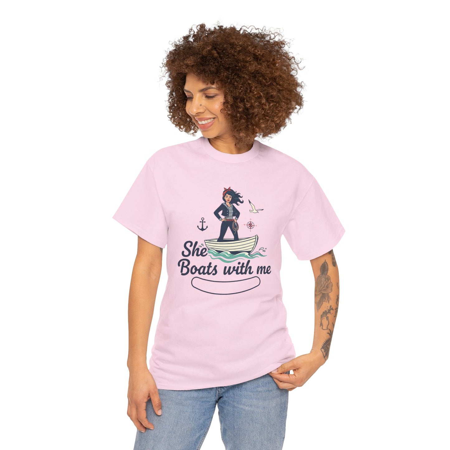 T-Shirt — "She Boats With Me" Nautical Couple Tee Printify
