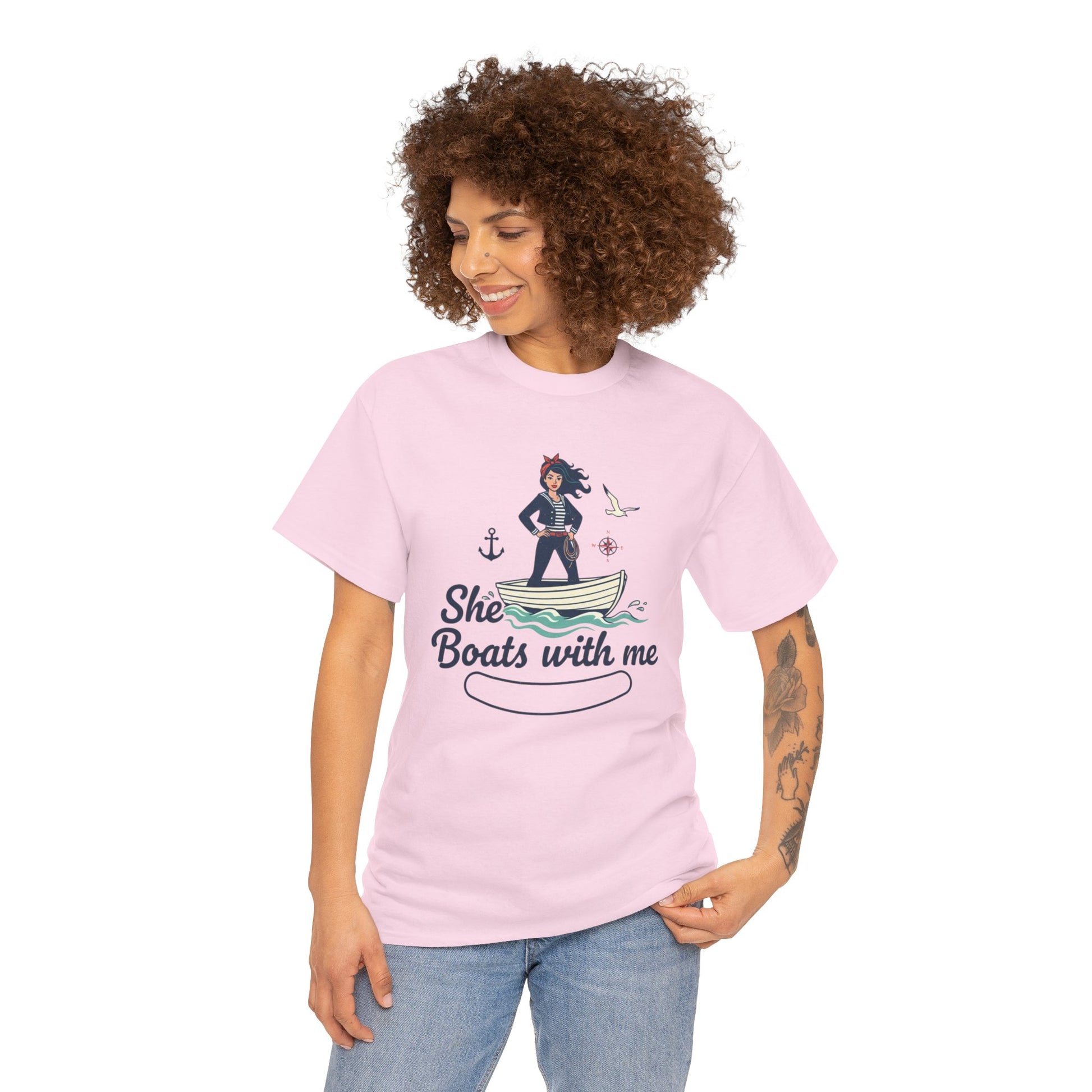 T-Shirt — "She Boats With Me" Nautical Couple Tee Printify