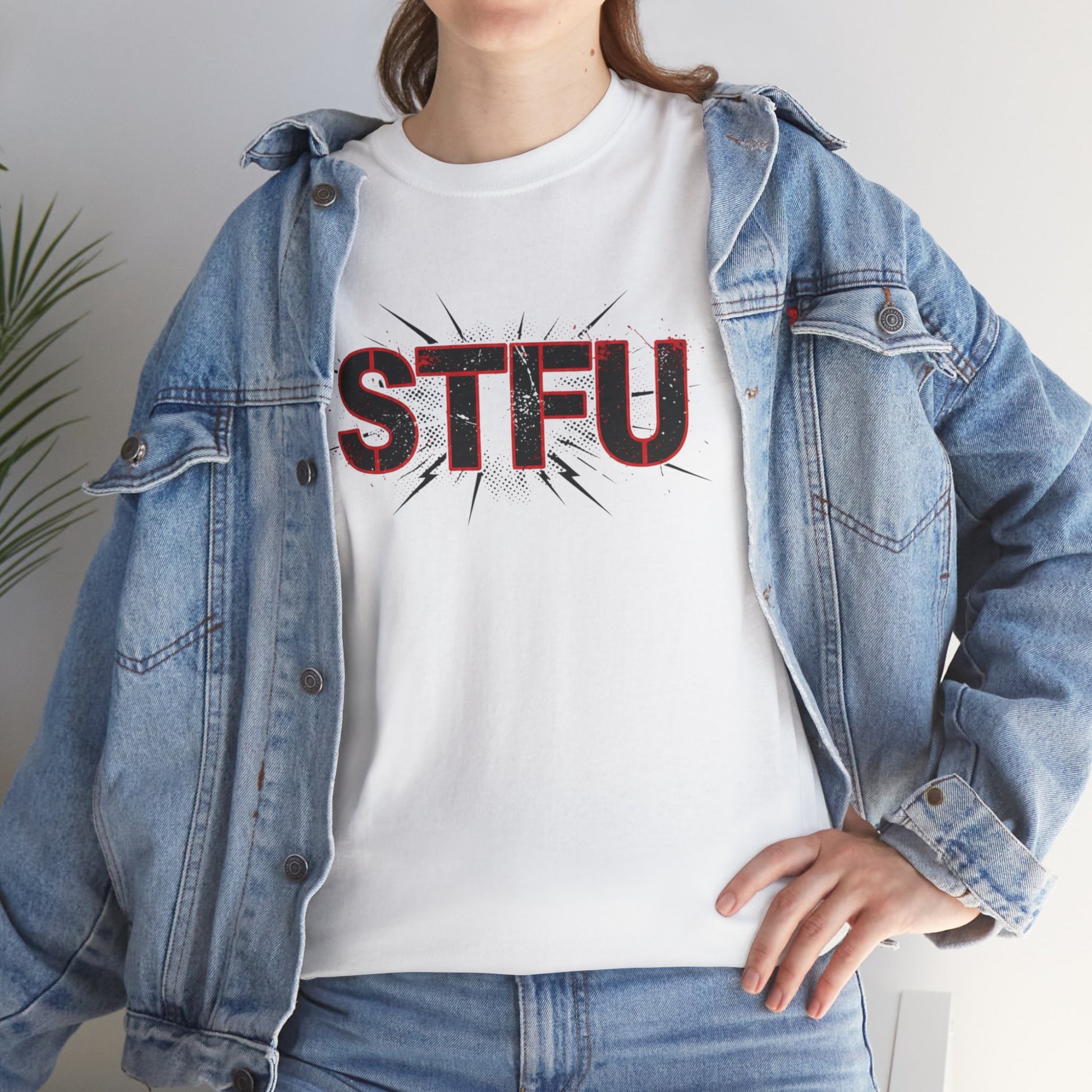 STFU Graphic Tee — Bold Distressed Text Shirt for Statement Style Printify
