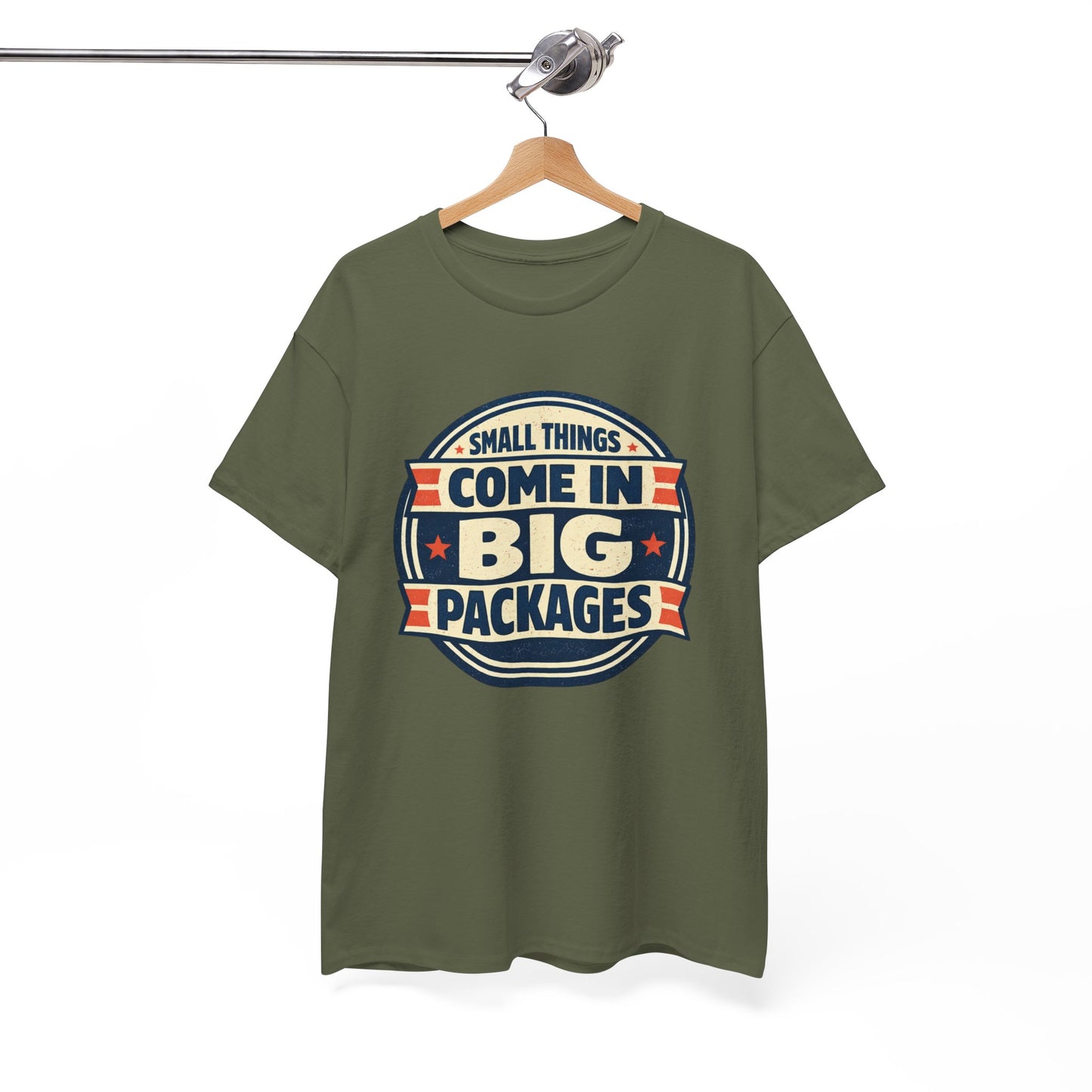 T-Shirt — "Small Things Come in Big Packages" Retro Badge Tee