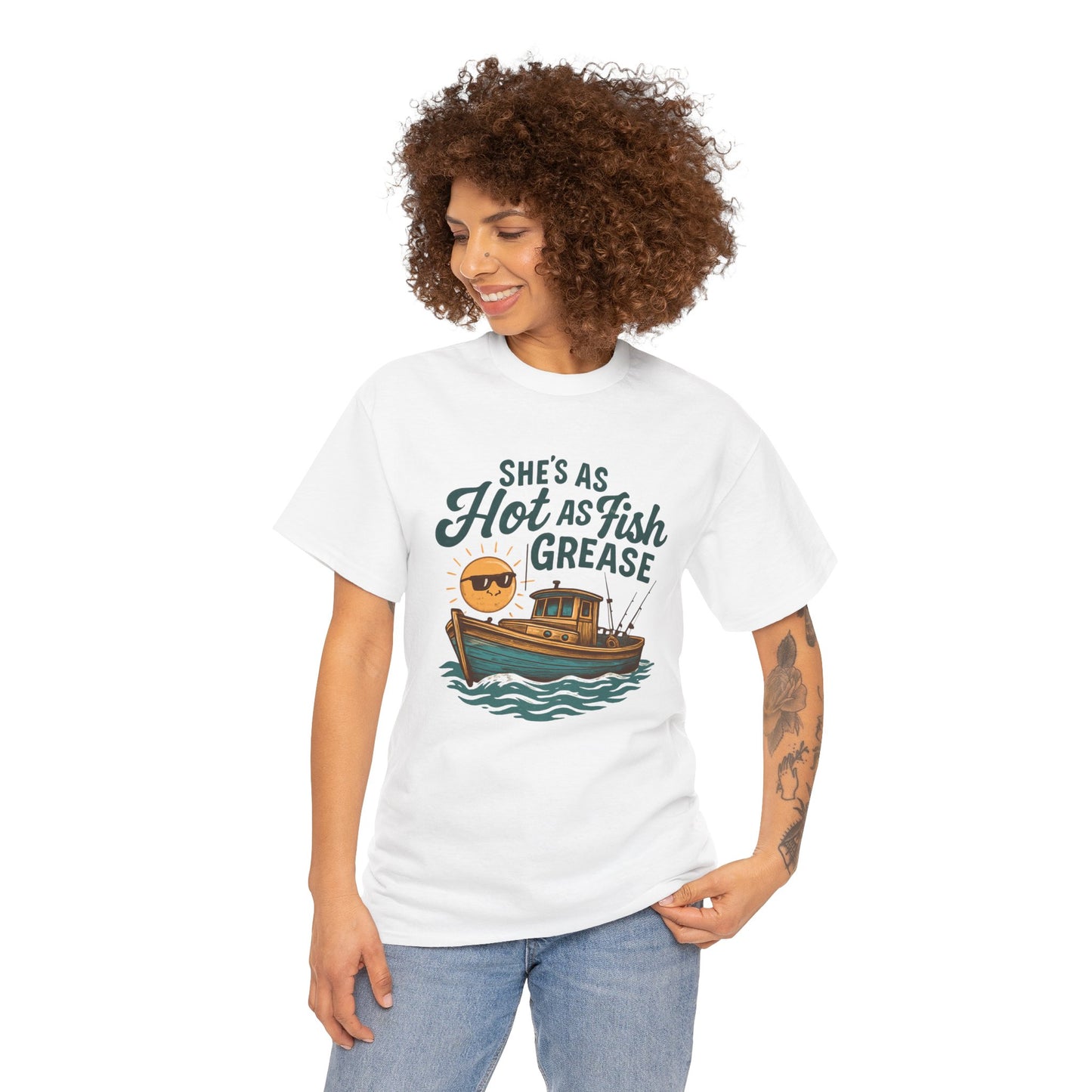 She's As Hot As Fish Grease Tee — Fishing Boat Graphic Shirt for Anglers & Seafood Lovers