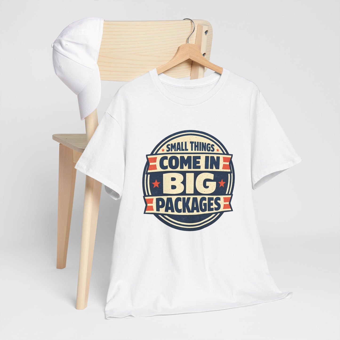 T-Shirt — "Small Things Come in Big Packages" Retro Badge Tee