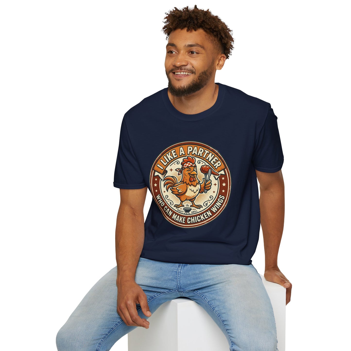 Funny Chicken Wings T-Shirt — "I Like A Partner Who Can Make Chicken Wings" Crew Tee