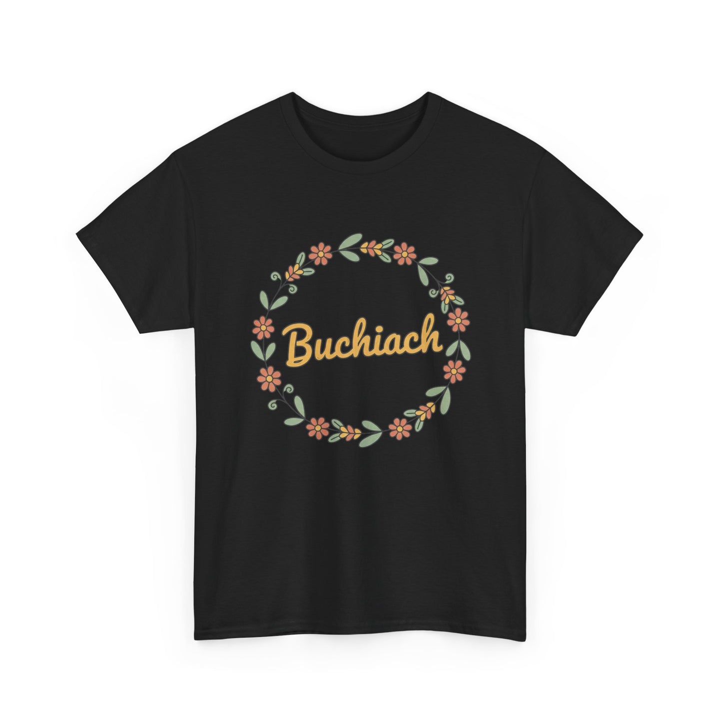 Buchiach Floral Wreath T-Shirt — Retro Script Garden Tee Printify