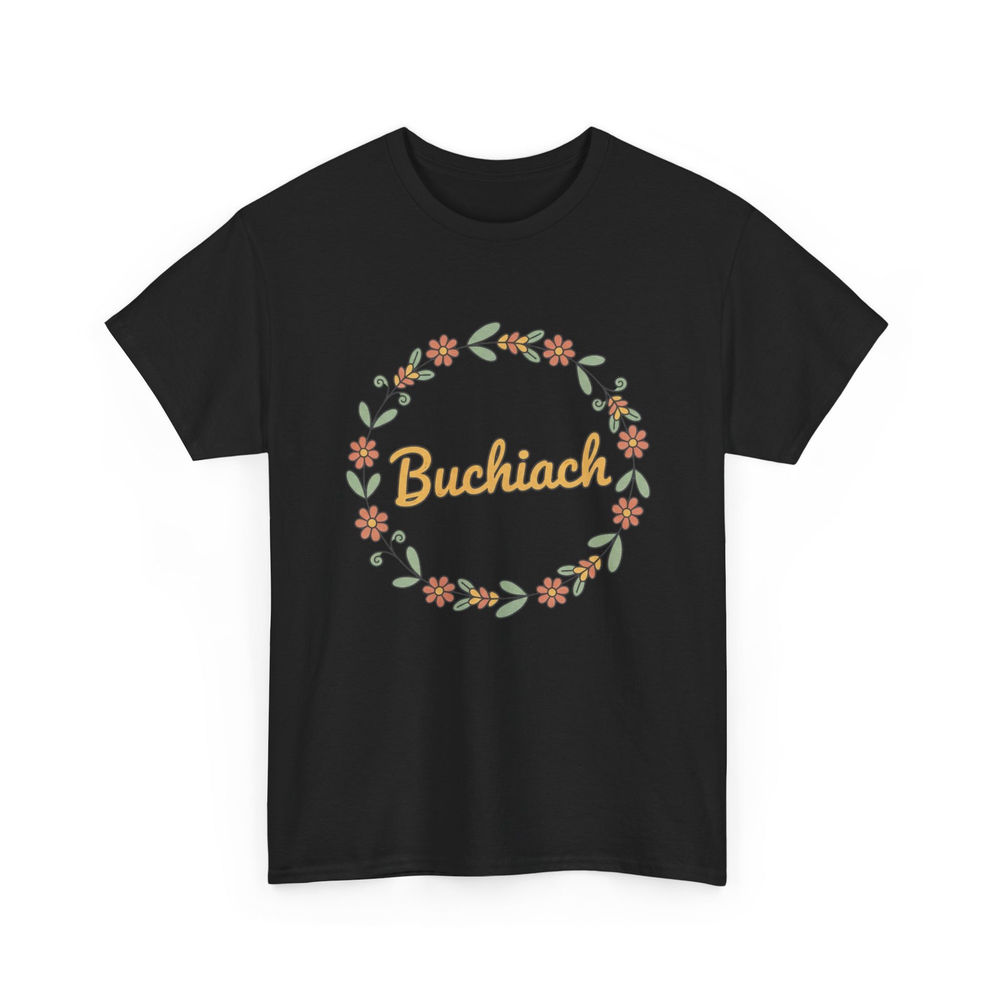 Buchiach Floral Wreath T-Shirt — Retro Script Garden Tee Printify
