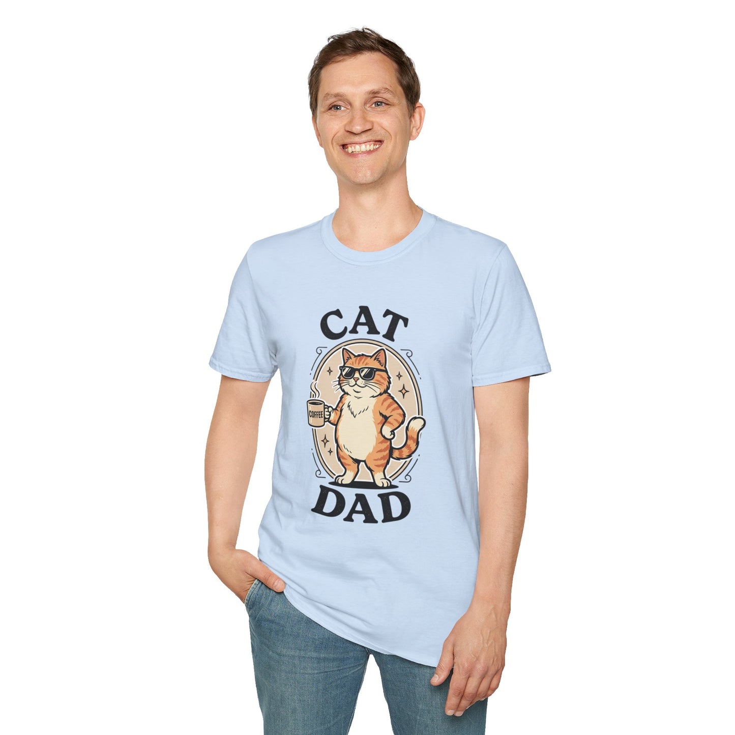 Cat Dad T‑Shirt — Cool Cat with Coffee Graphic Tee