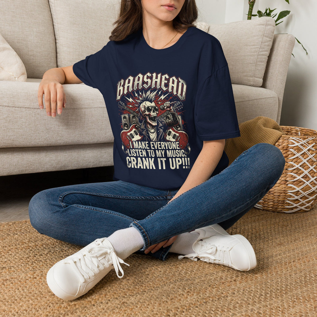 Basshead Skull T-Shirt — “I Make Everyone Listen to My Music, Crank It Up!” Guitar & Speaker Rock Tee