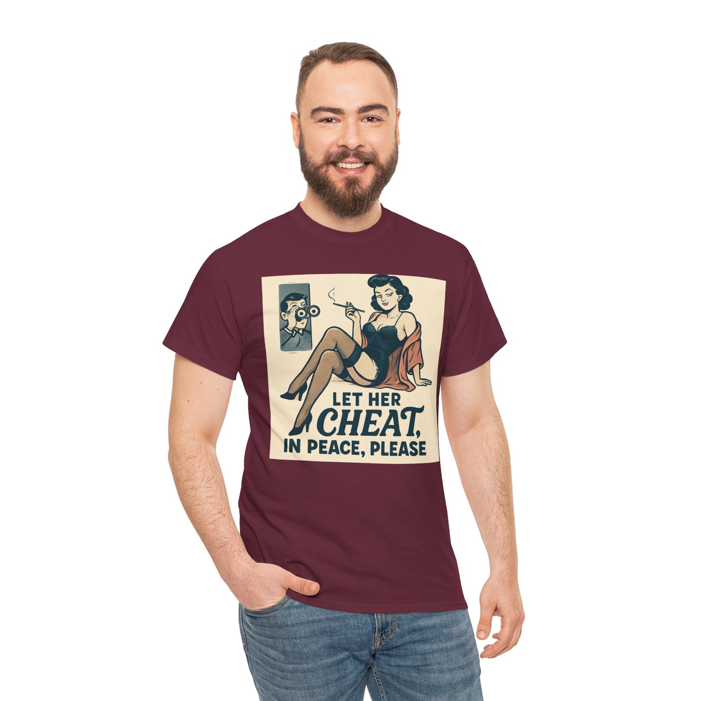 T-Shirt — Vintage Pinup “Let Her Cheat in Peace, Please” Graphic Tee