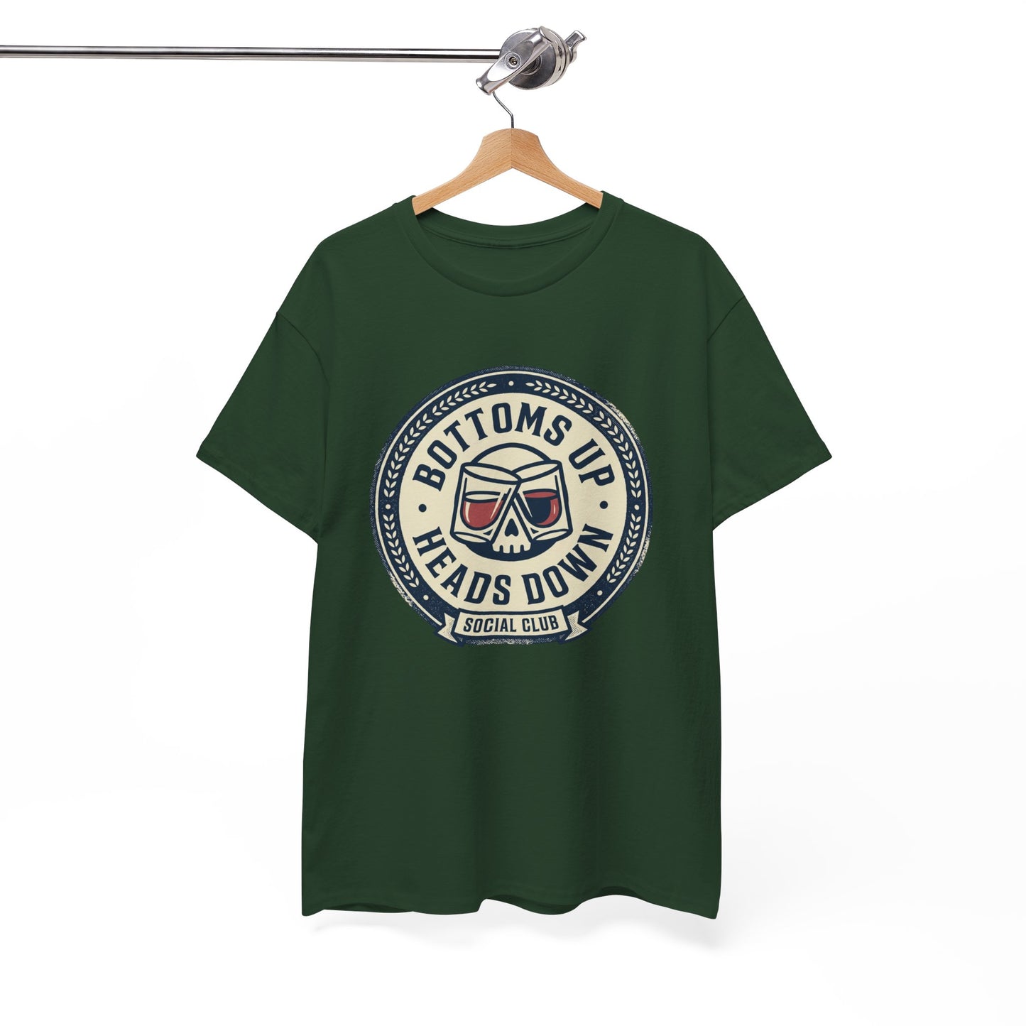 "Bottoms Up Heads Down" Skull Beer Logo Tee