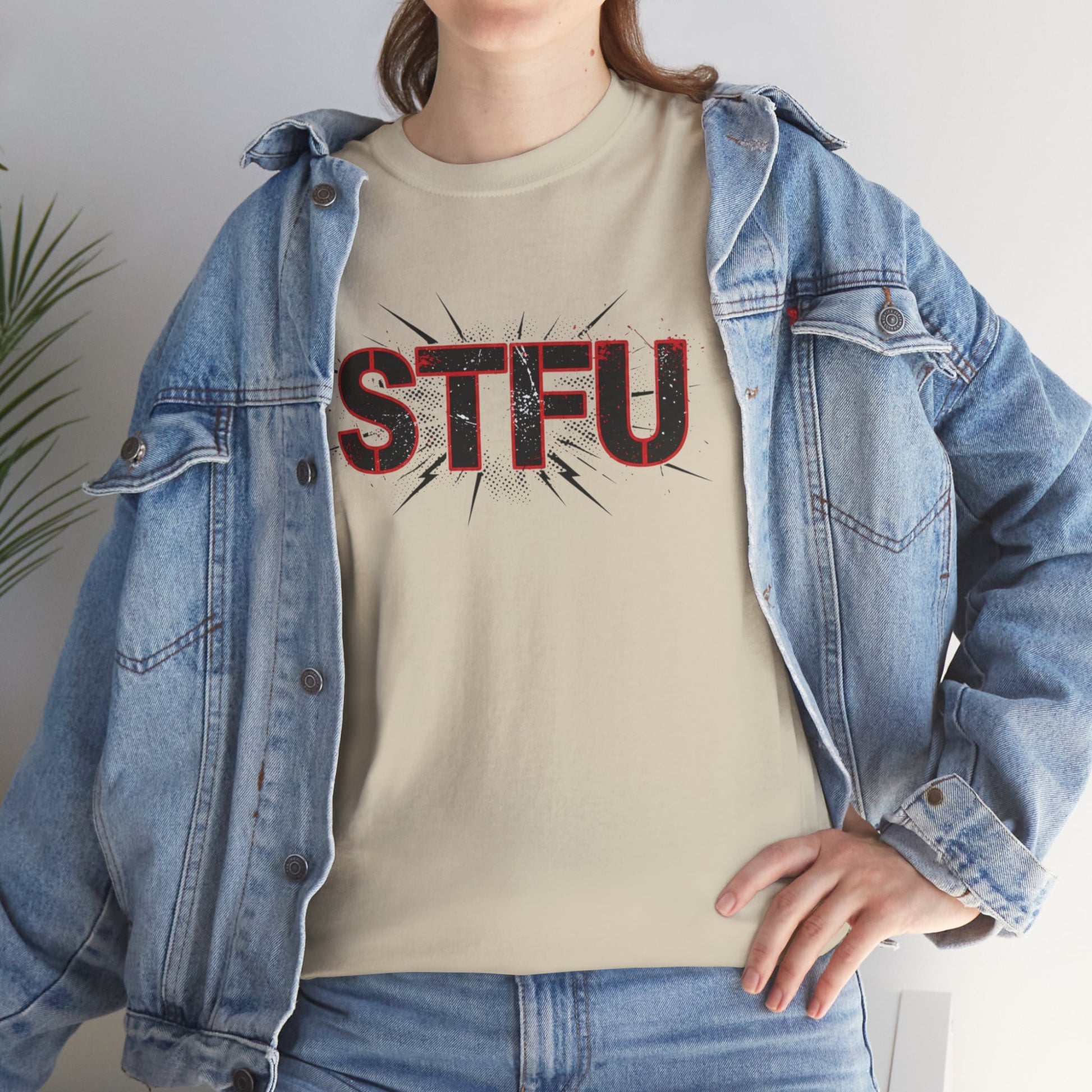 STFU Graphic Tee — Bold Distressed Text Shirt for Statement Style Printify