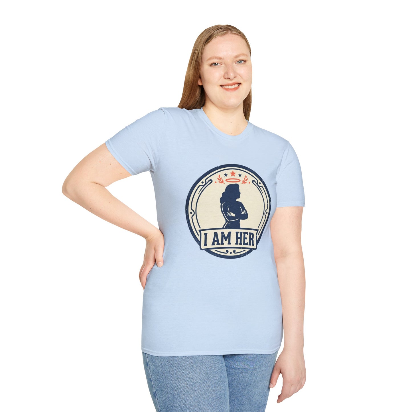 I Am Her Women’s T-Shirt — Empowering Mom & Woman Pride Vintage Badge Tee