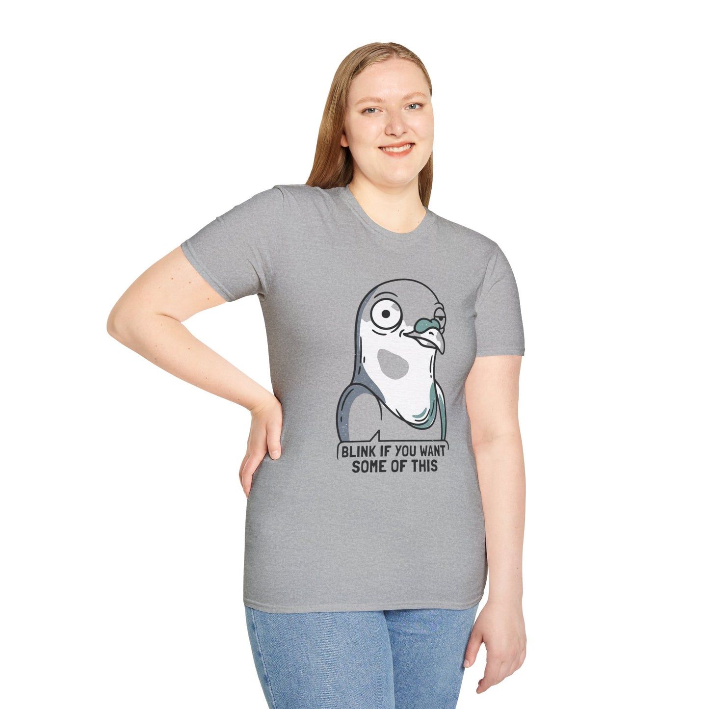 Pigeon Meme T‑Shirt — “Blink If You Want Some Of This” Funny Graphic Tee