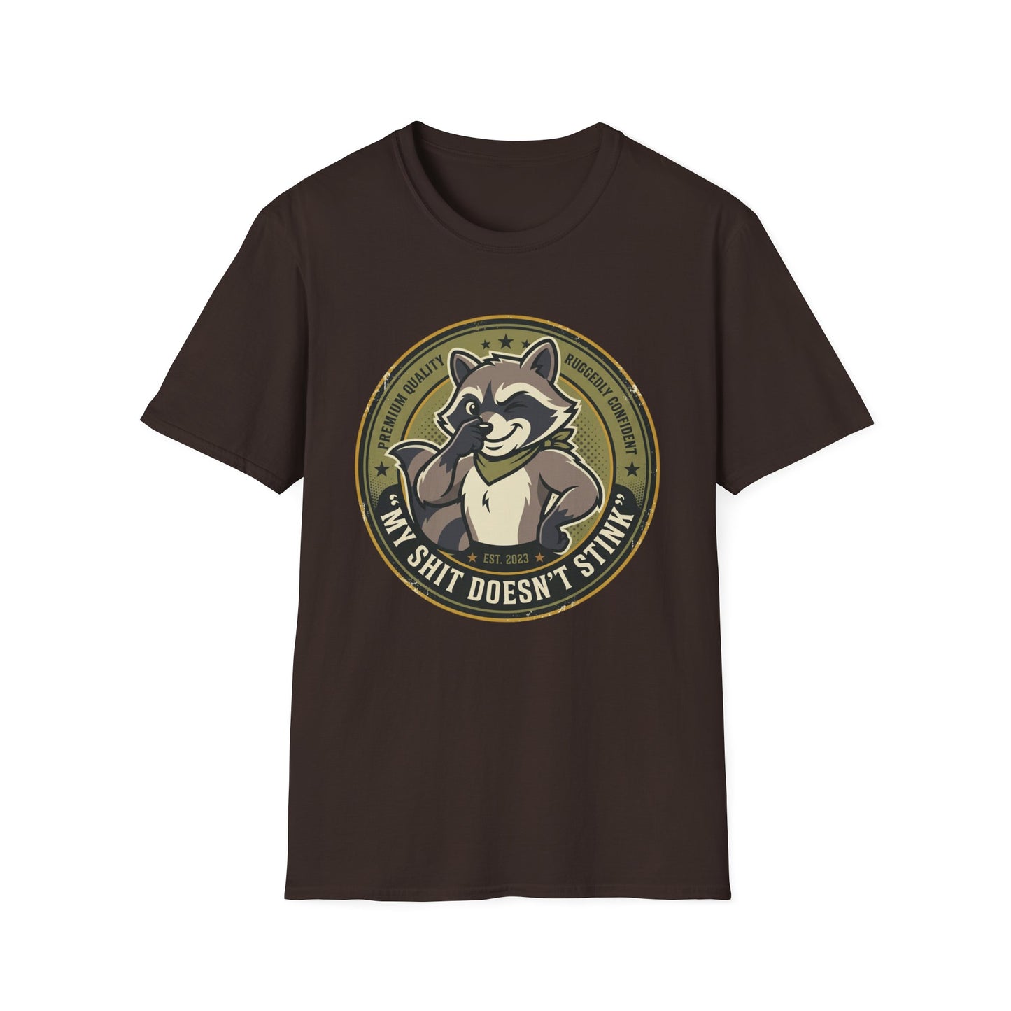 Raccoon Badge T-Shirt — "My Shit Doesn't Stink" Funny Graphic Tee Printify
