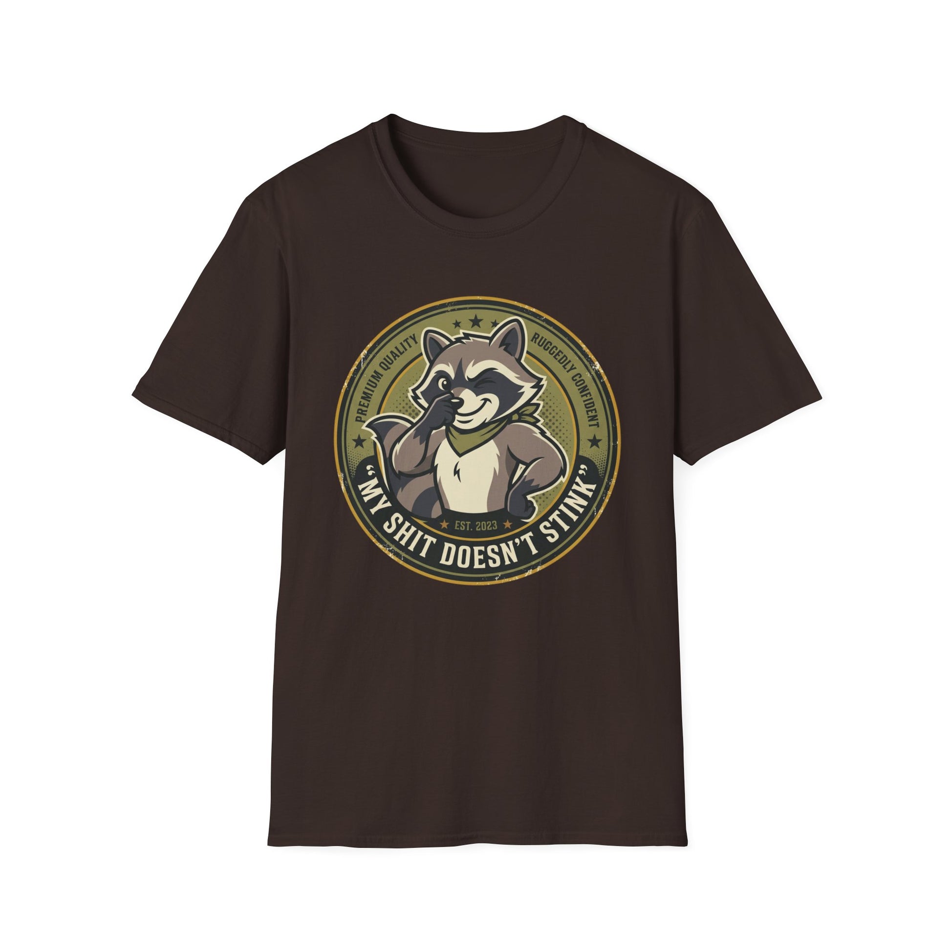 Raccoon Badge T-Shirt — "My Shit Doesn't Stink" Funny Graphic Tee Printify