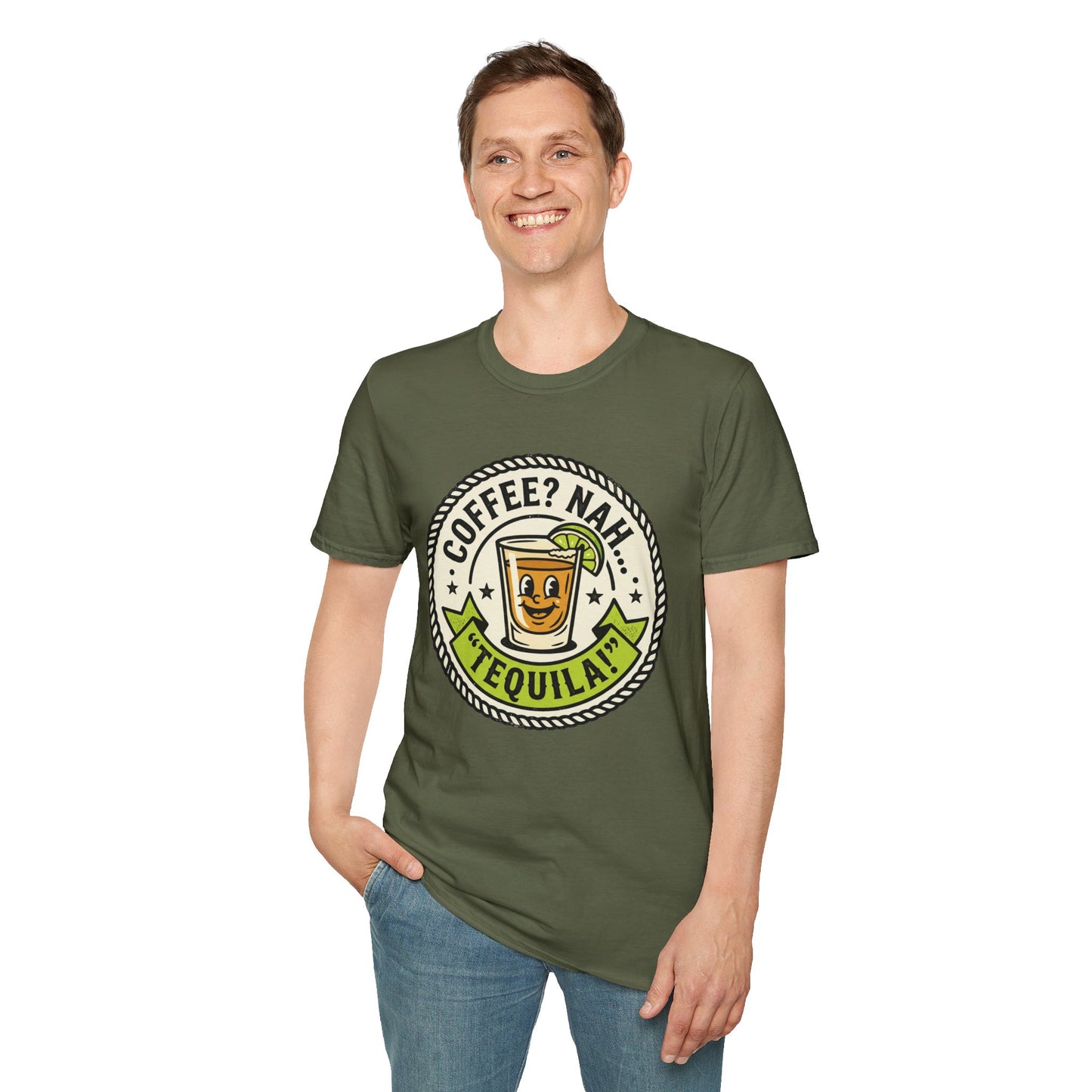Coffee? Nah, Tequila! T-Shirt – Funny Shot Glass Graphic Tee for Party Lovers