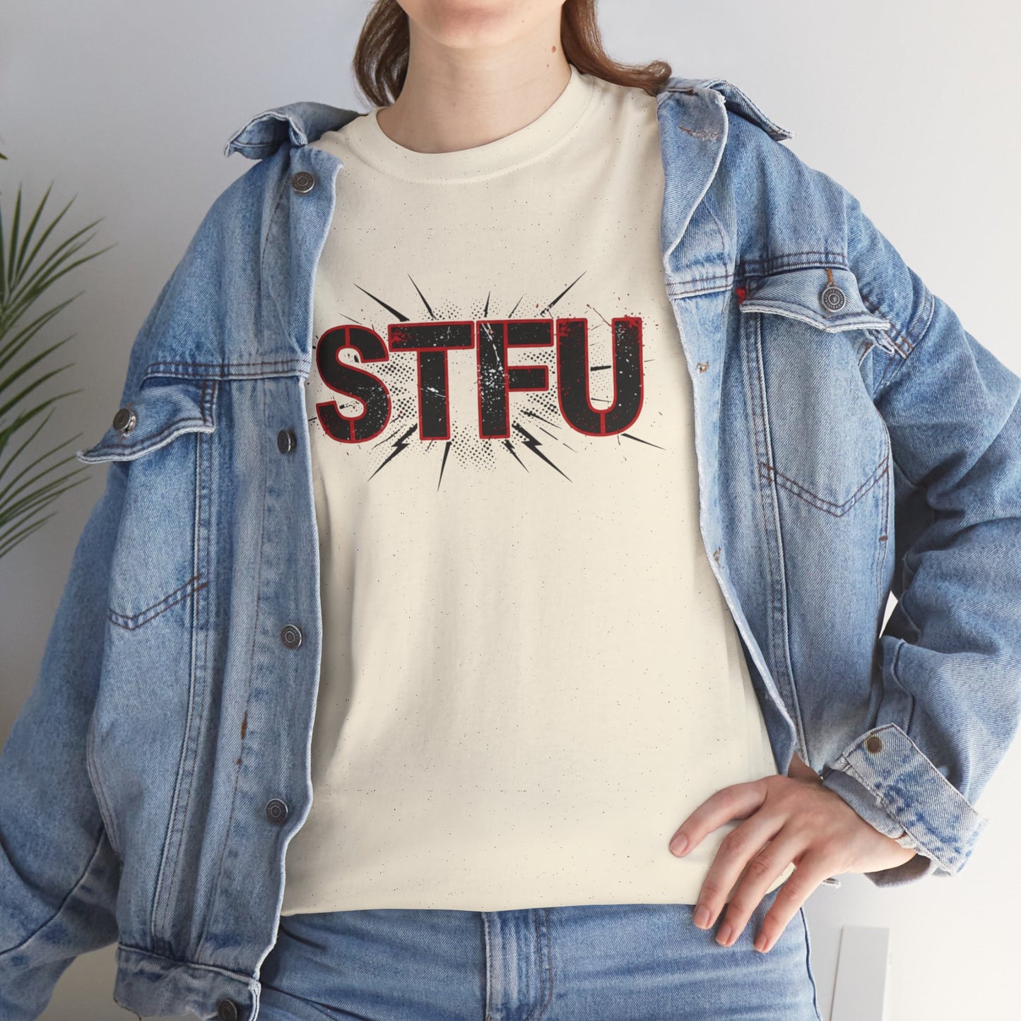 STFU Graphic Tee — Bold Distressed Text Shirt for Statement Style Printify