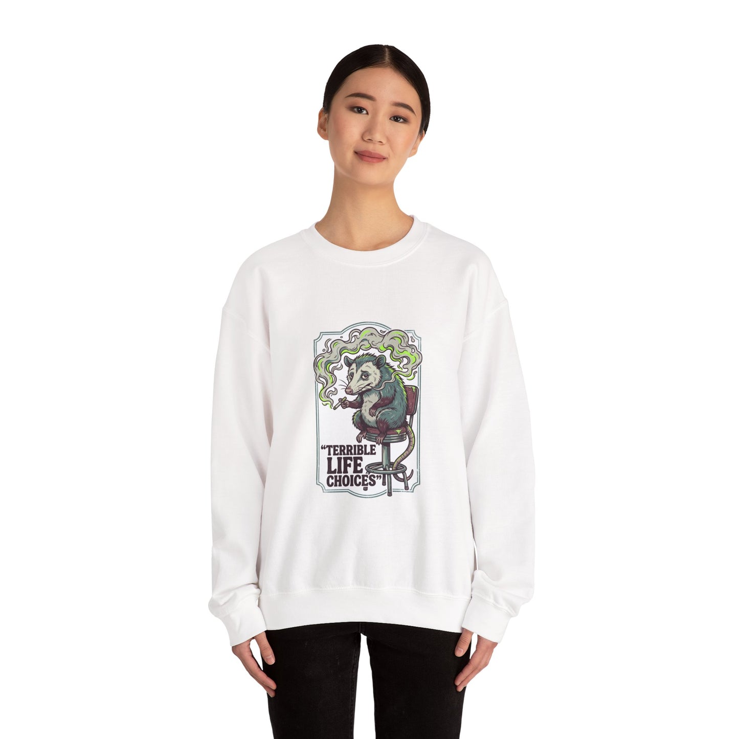 Terrible Life Choices opossum smoking sweatshirt | absurdist animal, ironic alt meme