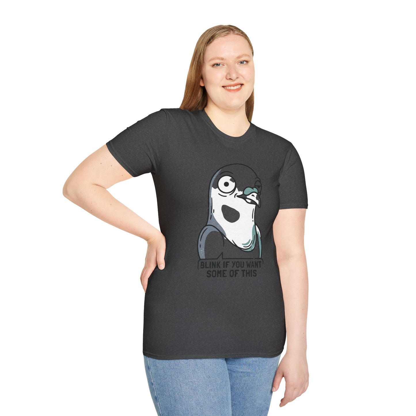 Pigeon Meme T‑Shirt — “Blink If You Want Some Of This” Funny Graphic Tee