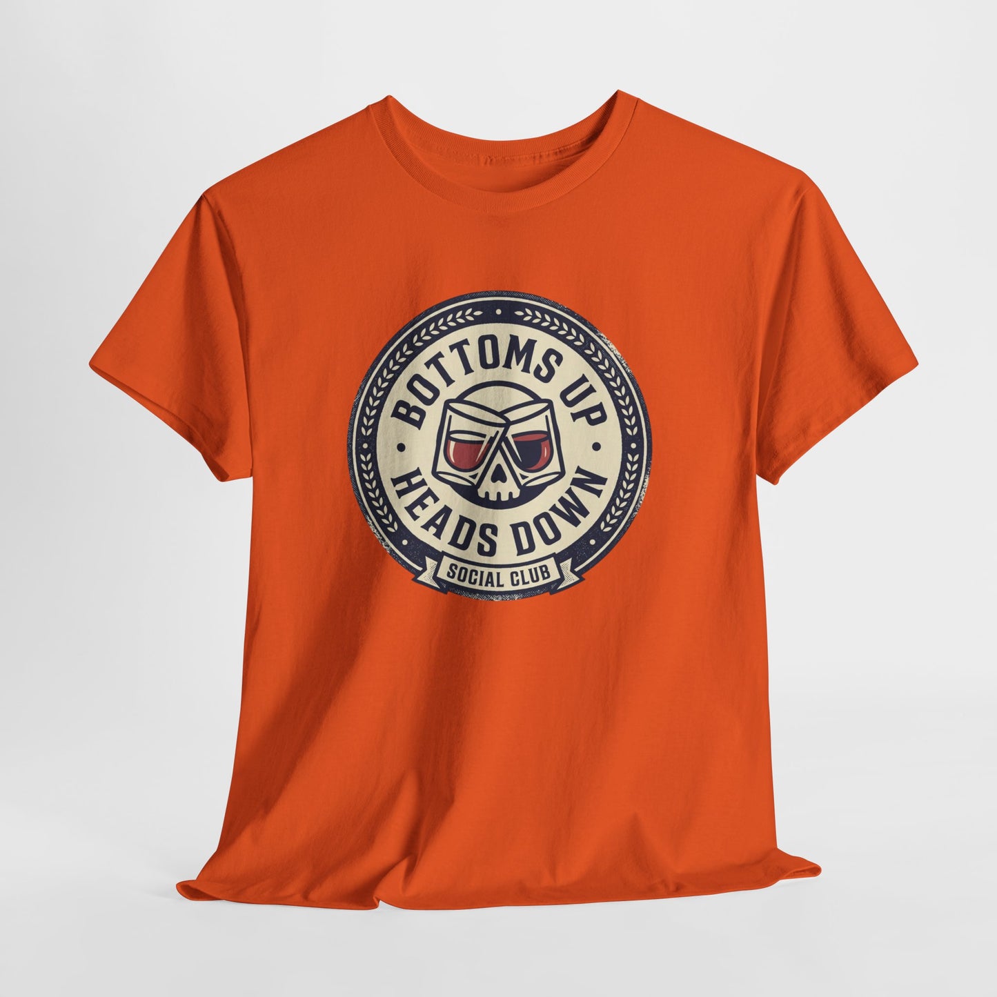 "Bottoms Up Heads Down" Skull Beer Logo Tee