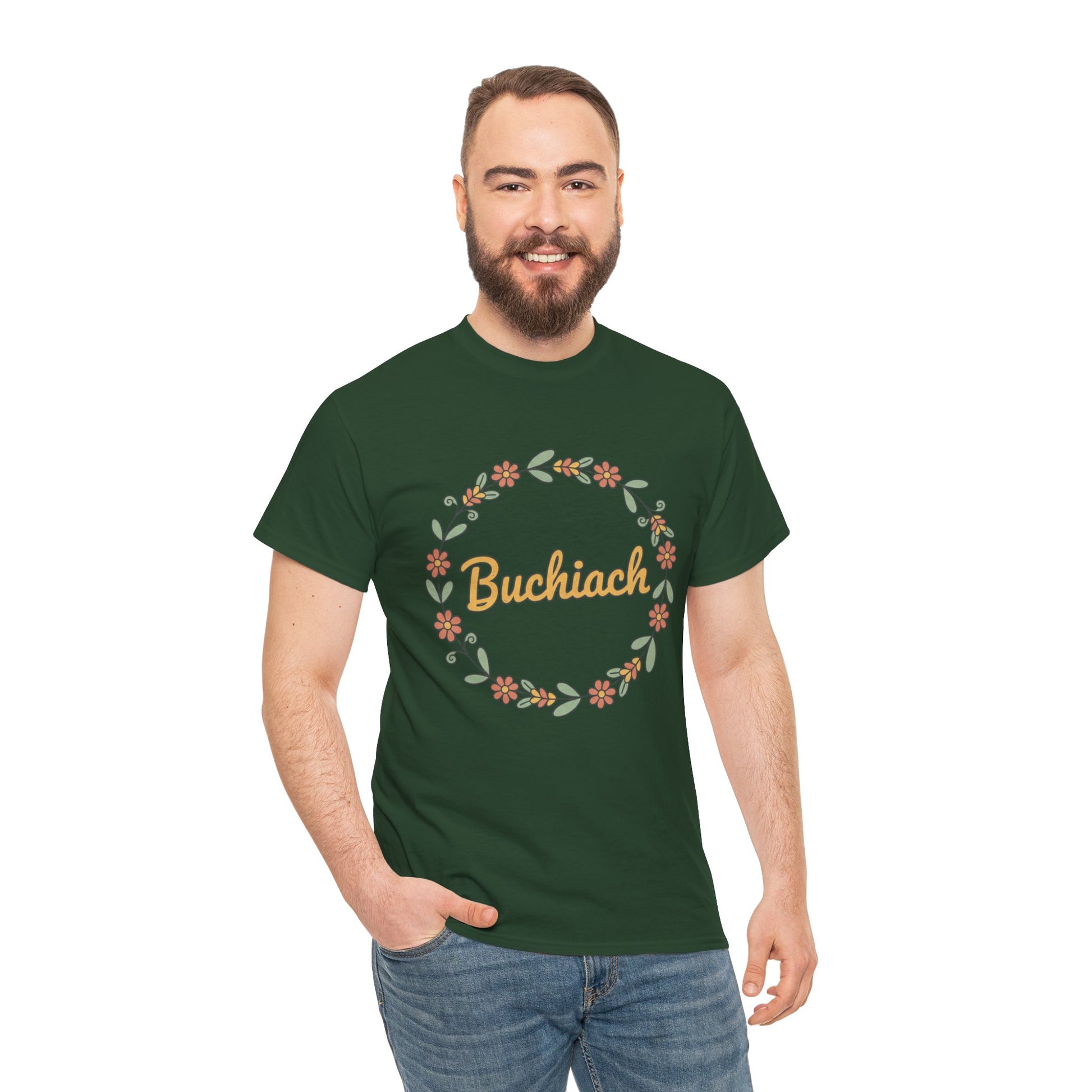 Buchiach Floral Wreath T-Shirt — Retro Script Garden Tee Printify