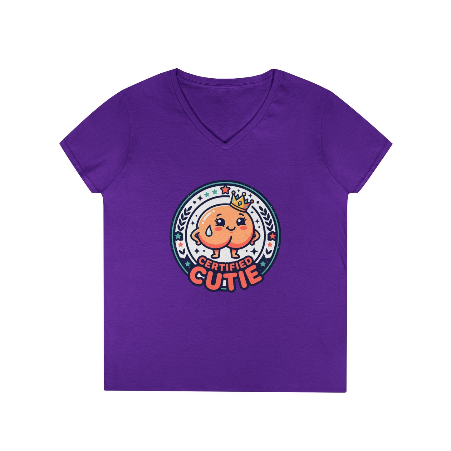 Certified Cutie V-Neck T-Shirt — Cute Cartoon Badge Graphic Tee for Women Printify
