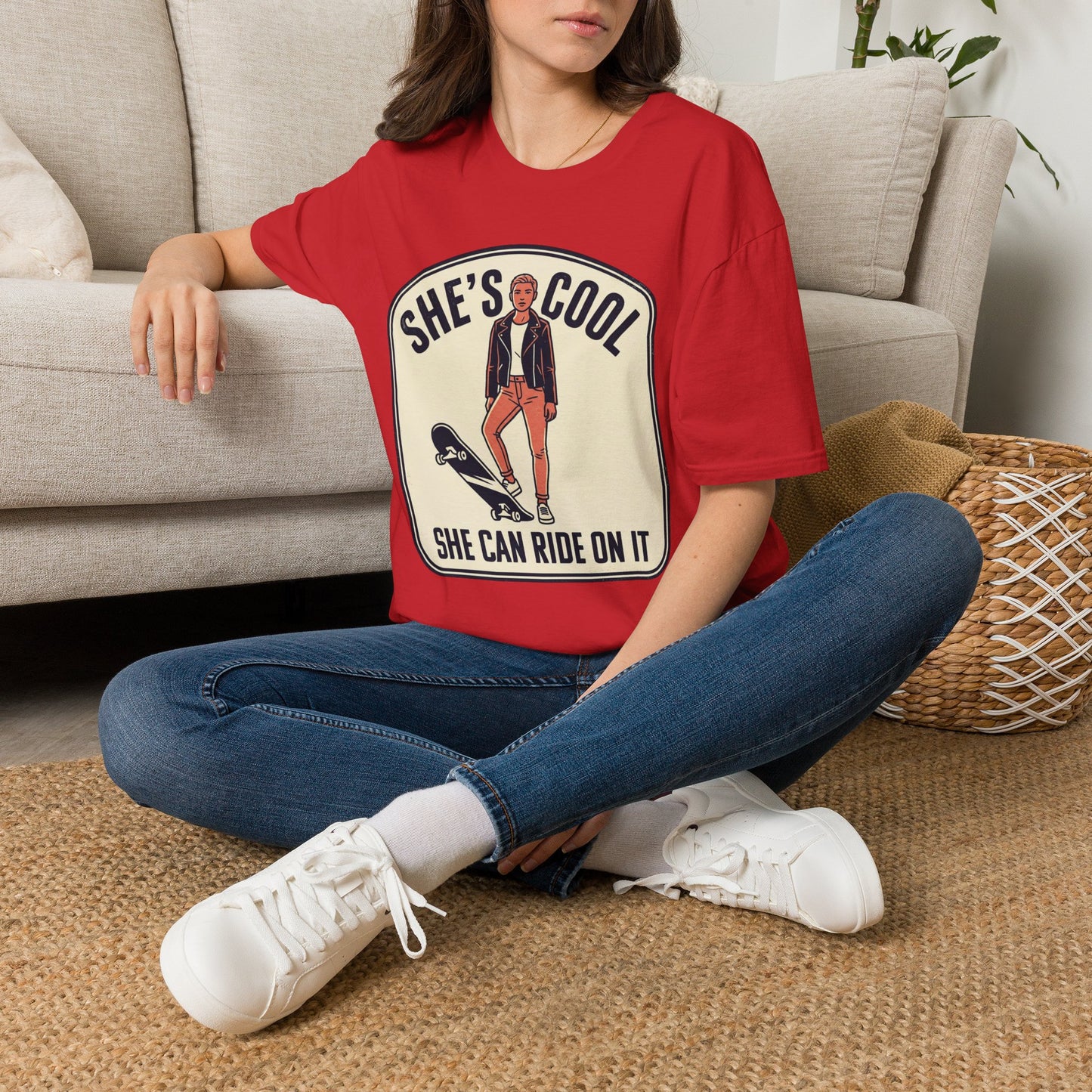 She's Cool Skateboarder T-Shirt — "She's Cool, She Can Ride On It" Retro Graphic Tee