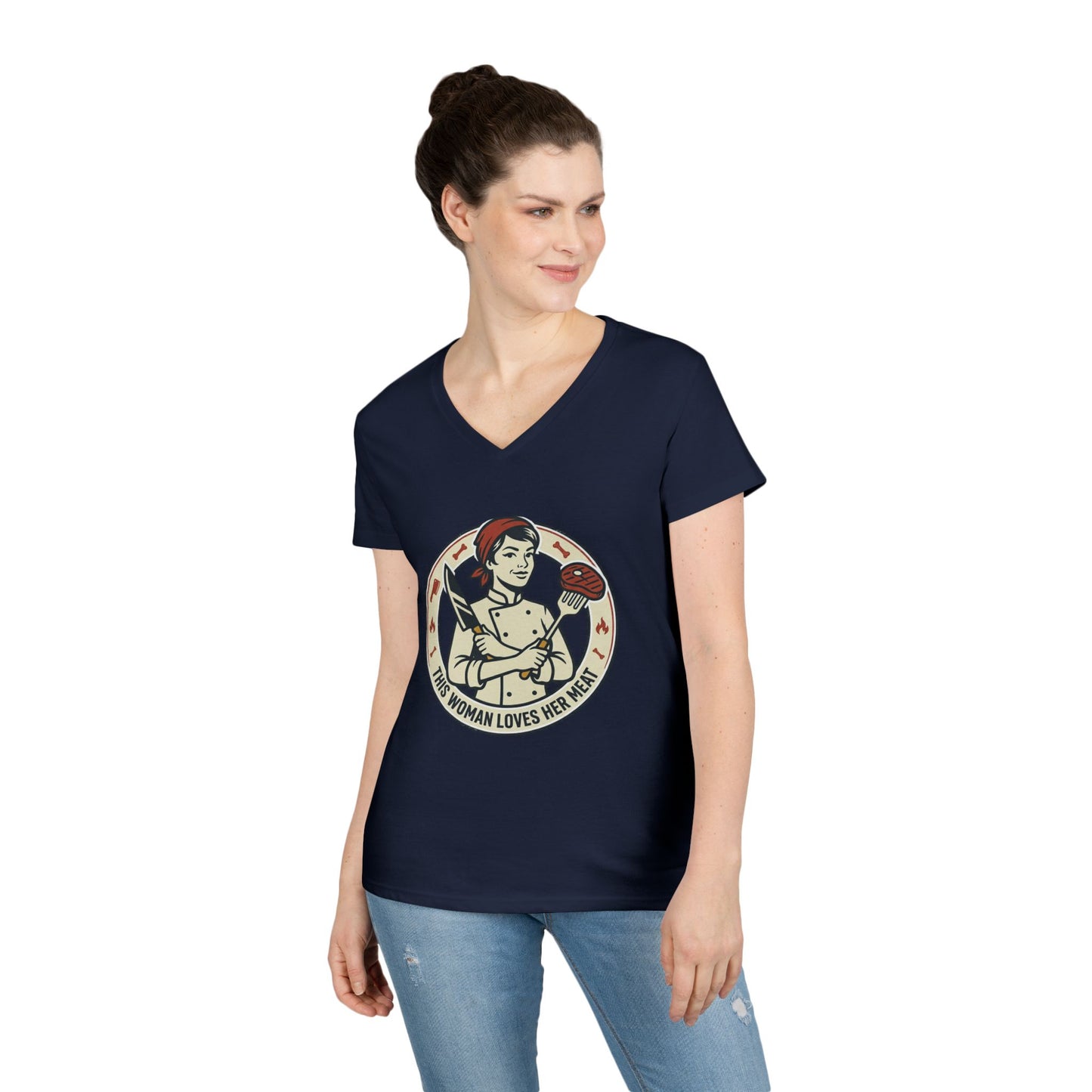 Ladies' V-Neck T-Shirt — "This Woman Loves Her Meat" Chef Graphic Tee