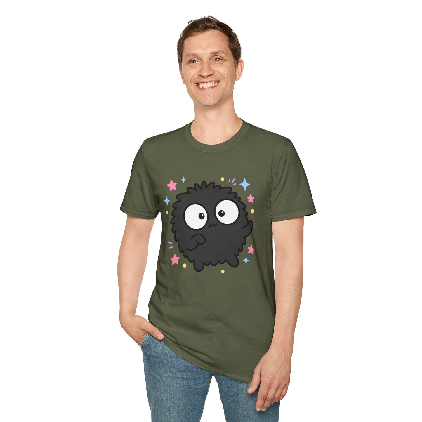 Cute Black Fuzzball T-Shirt — Kawaii Monster Tee with Stars