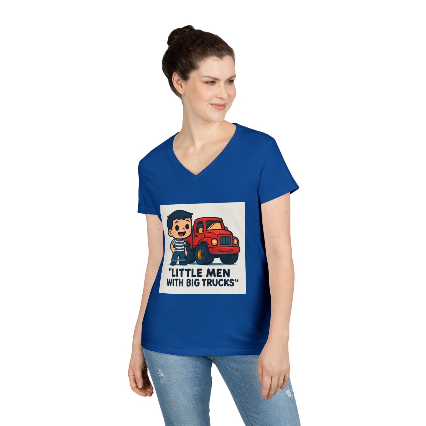 Ladies' V-Neck T-Shirt — "Little Men with Big Trucks" Cute Retro Truck Tee for Kids & Moms Printify