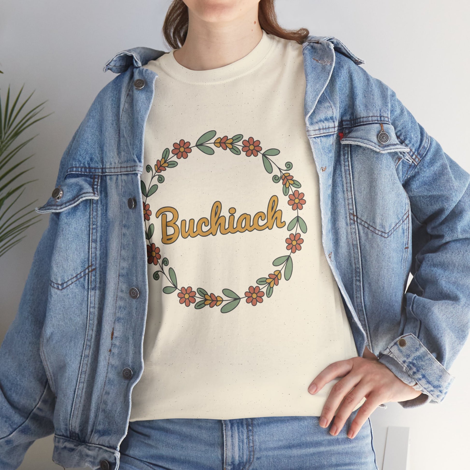 Buchiach Floral Wreath T-Shirt — Retro Script Garden Tee Printify