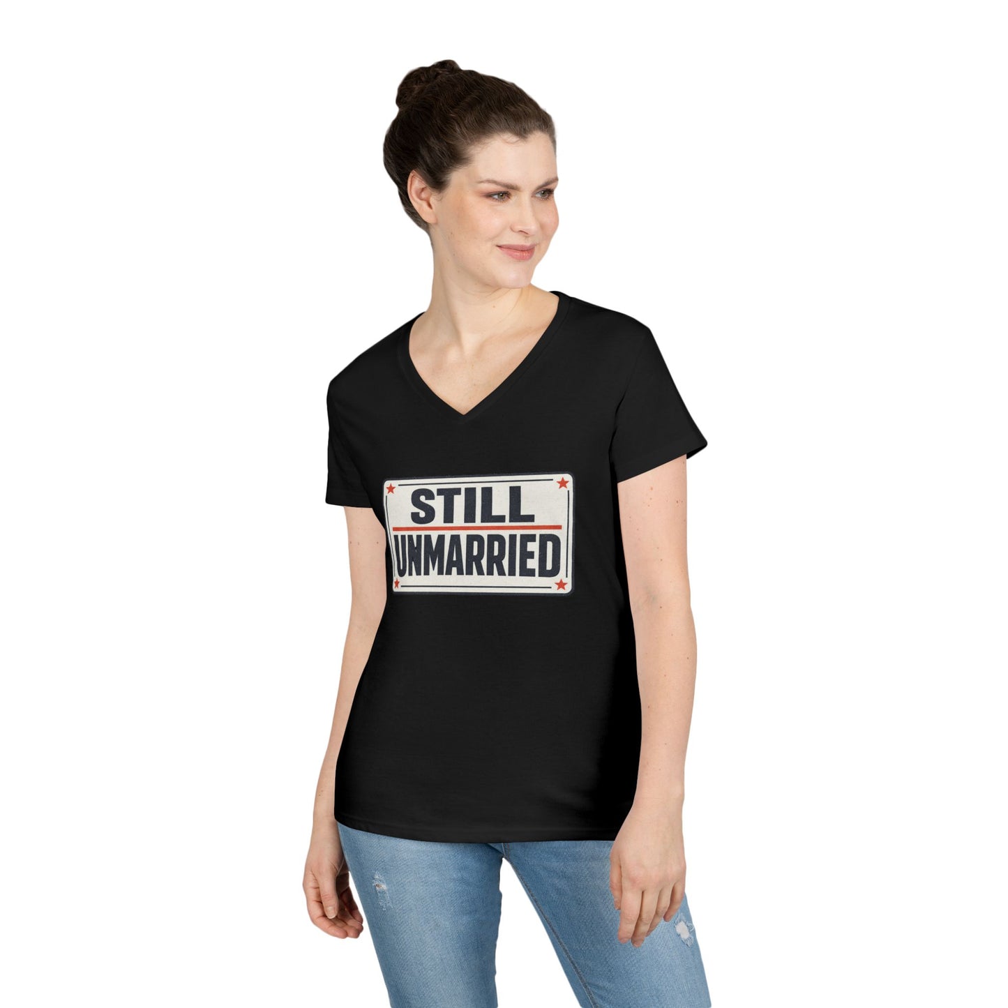 Still Unmarried V-Neck Tee — Funny Single Women T-Shirt