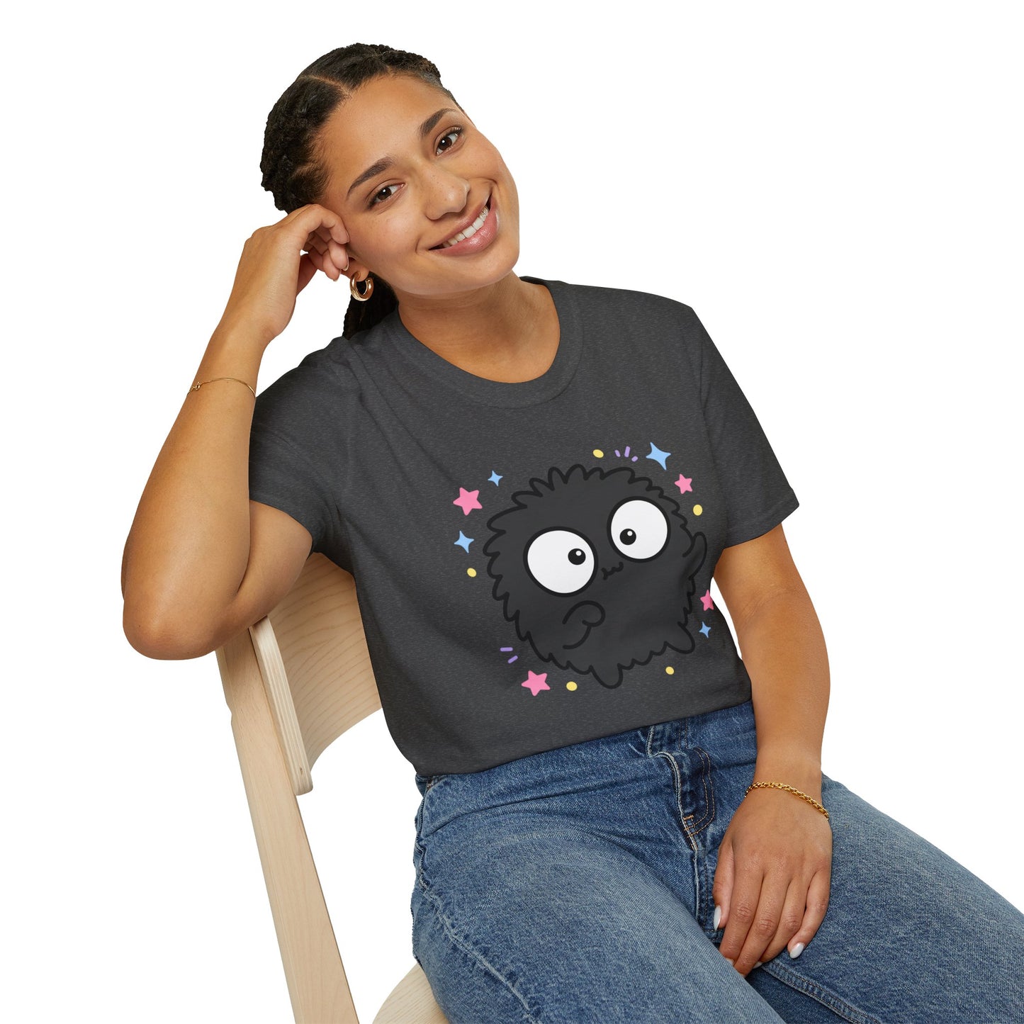 Cute Black Fuzzball T-Shirt — Kawaii Monster Tee with Stars