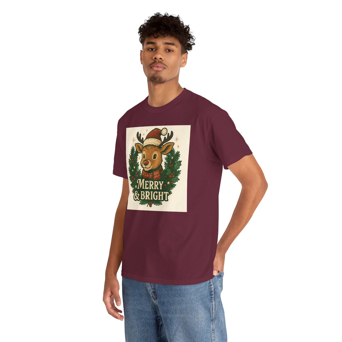 Merry & Bright Reindeer Christmas T-Shirt Printify