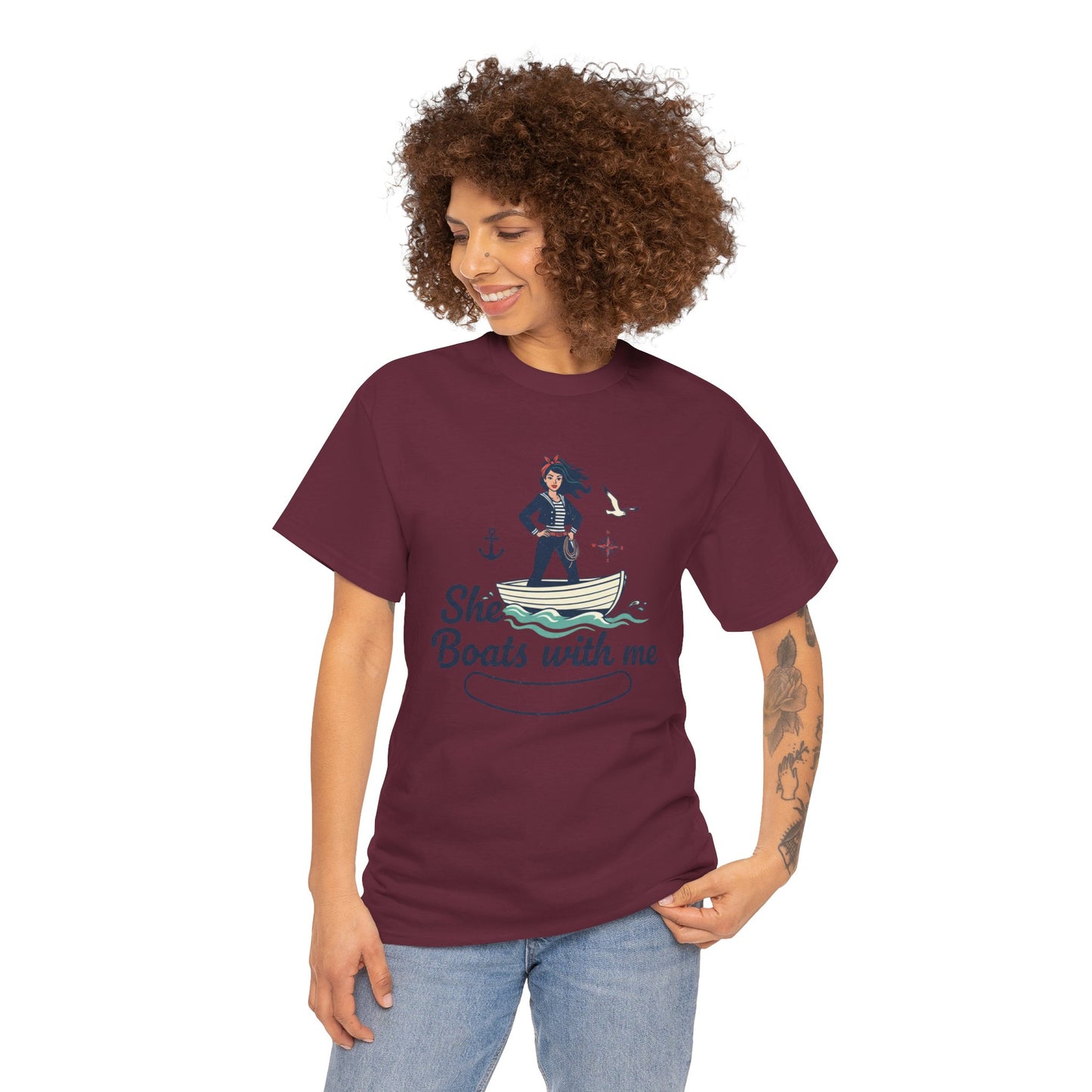 T-Shirt — "She Boats With Me" Nautical Couple Tee Printify