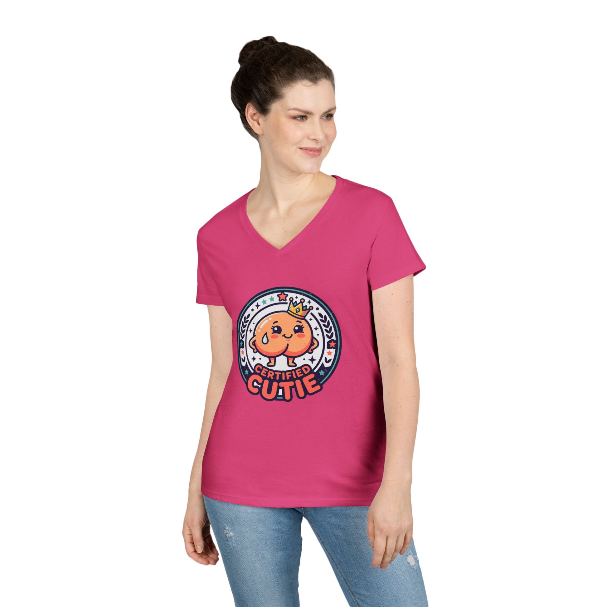 Certified Cutie V-Neck T-Shirt — Cute Cartoon Badge Graphic Tee for Women Printify