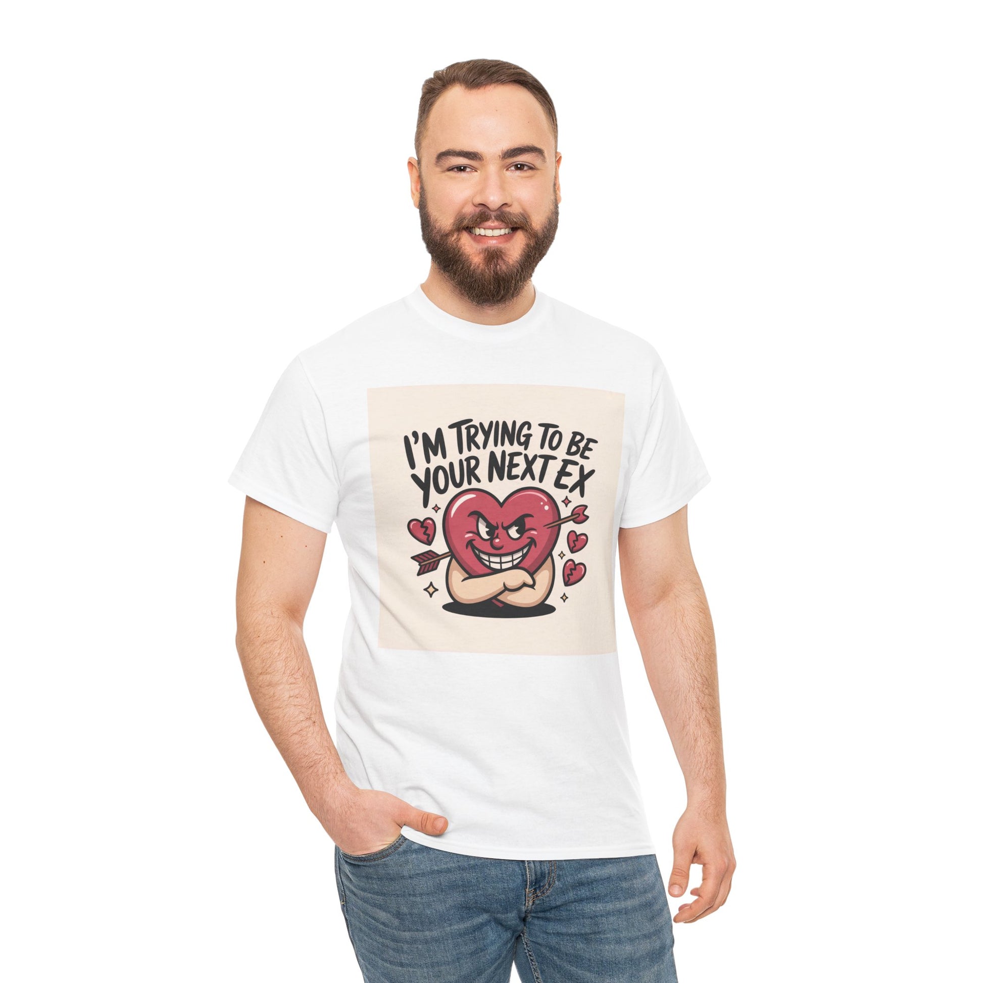 Valentine Heart Character Tee — "I'm Trying To Be Your Next Ex" Graphic T-Shirt Printify