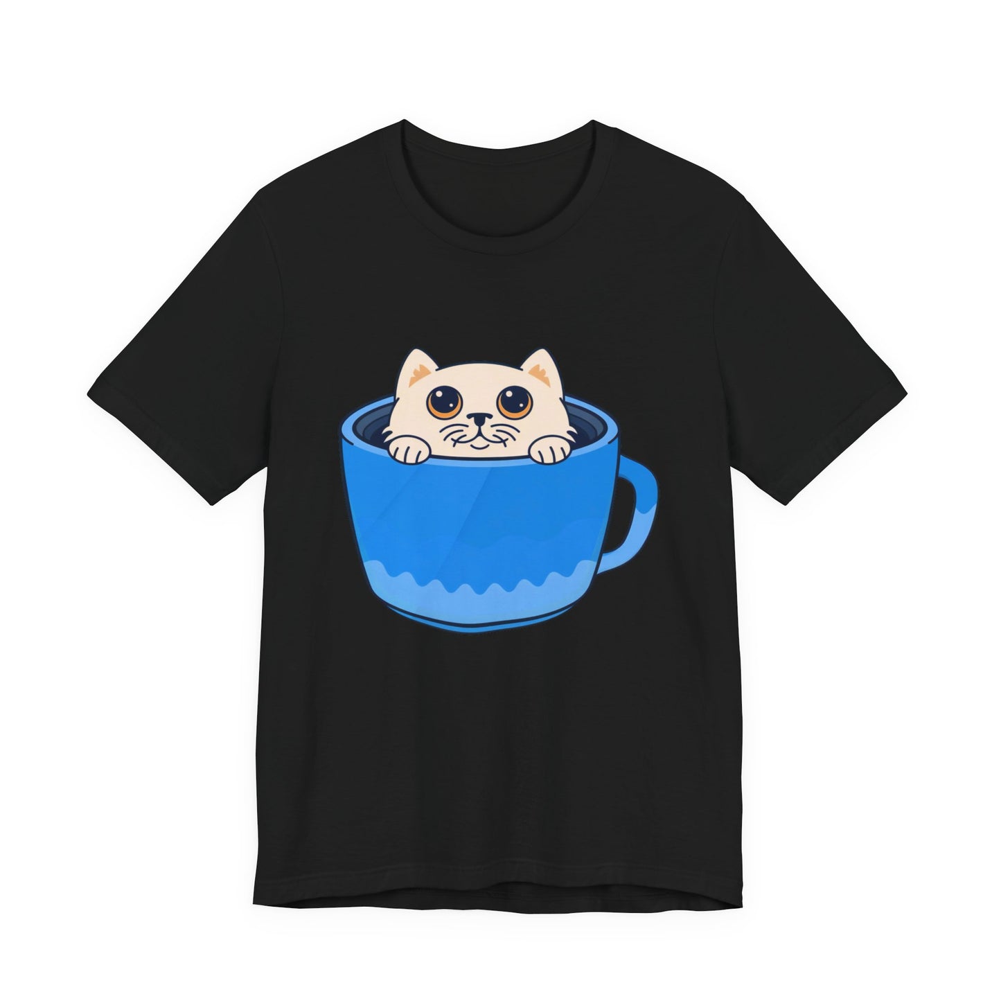 Cat in a Blue Mug T‑Shirt — Cute Kawaii Kitten Tee