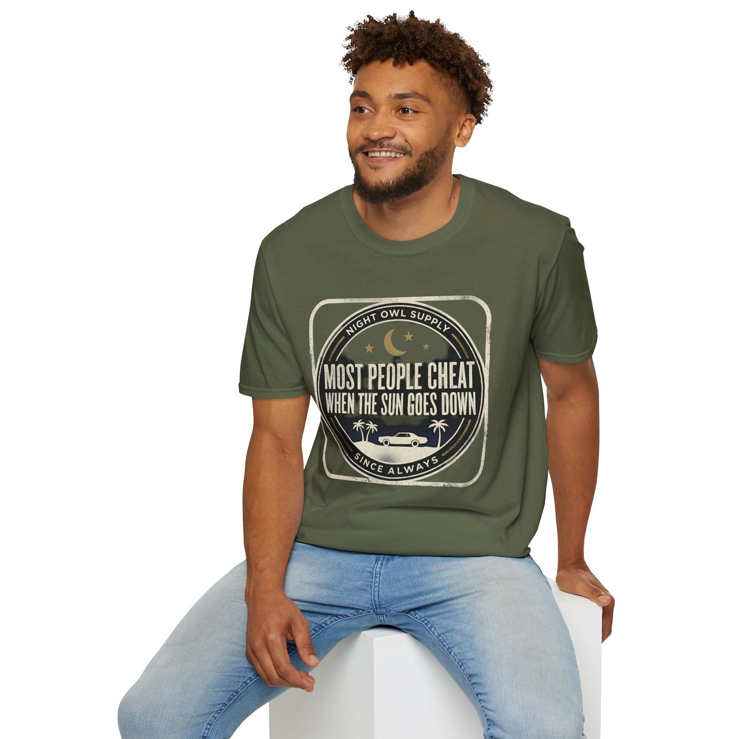 “Most People Cheat When The Sun Goes Down” Vintage Graphic Tee-Night Owl T-Shirt