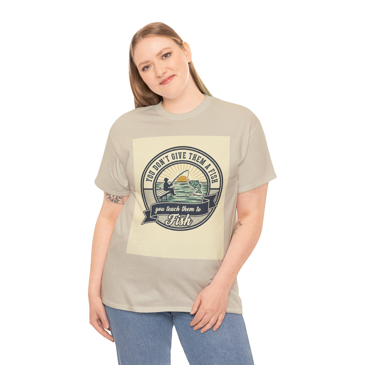 Fishing Vintage Badge T-Shirt — "You Don’t Give Them a Fish, You Teach Them to Fish" Graphic Tee