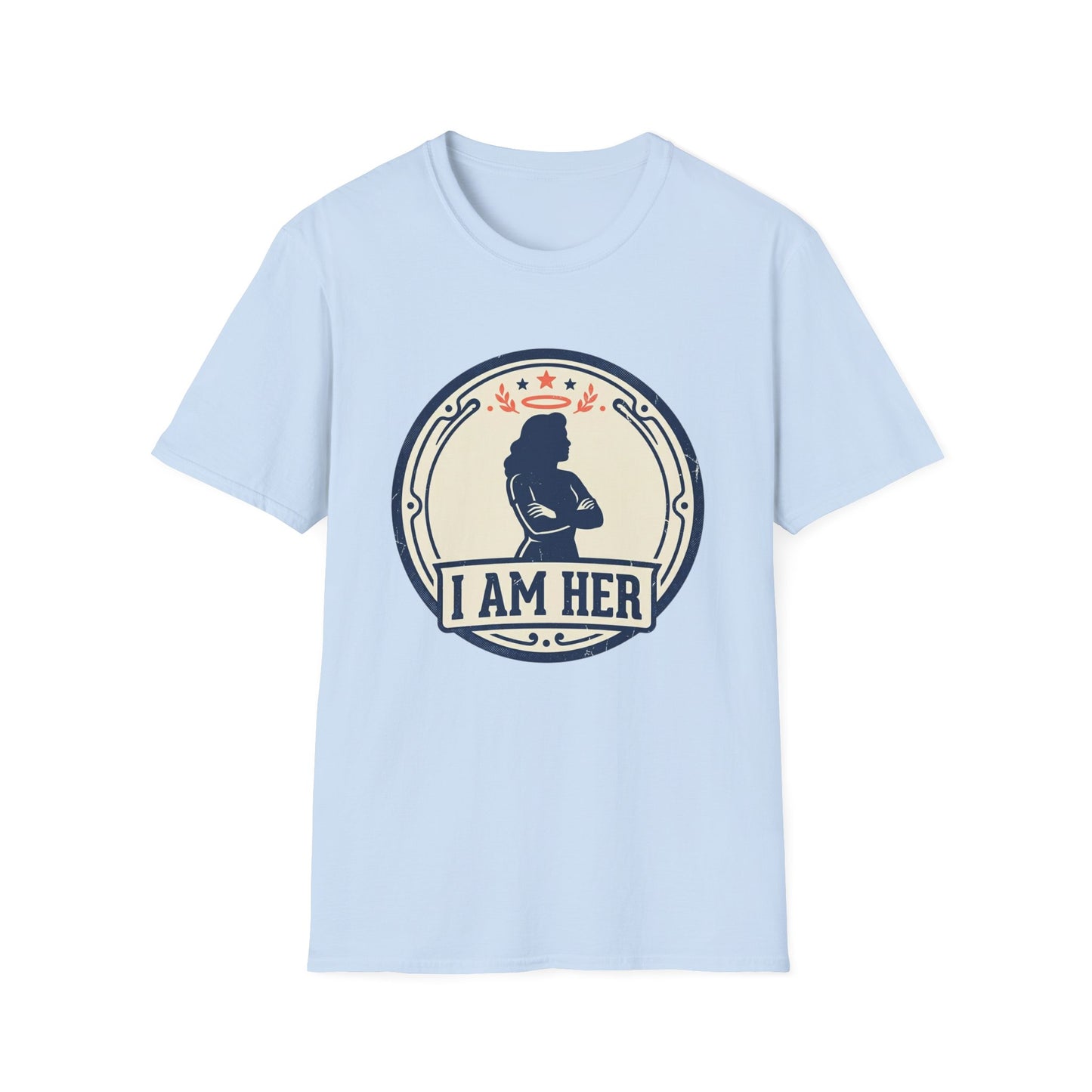 I Am Her Women’s T-Shirt — Empowering Mom & Woman Pride Vintage Badge Tee