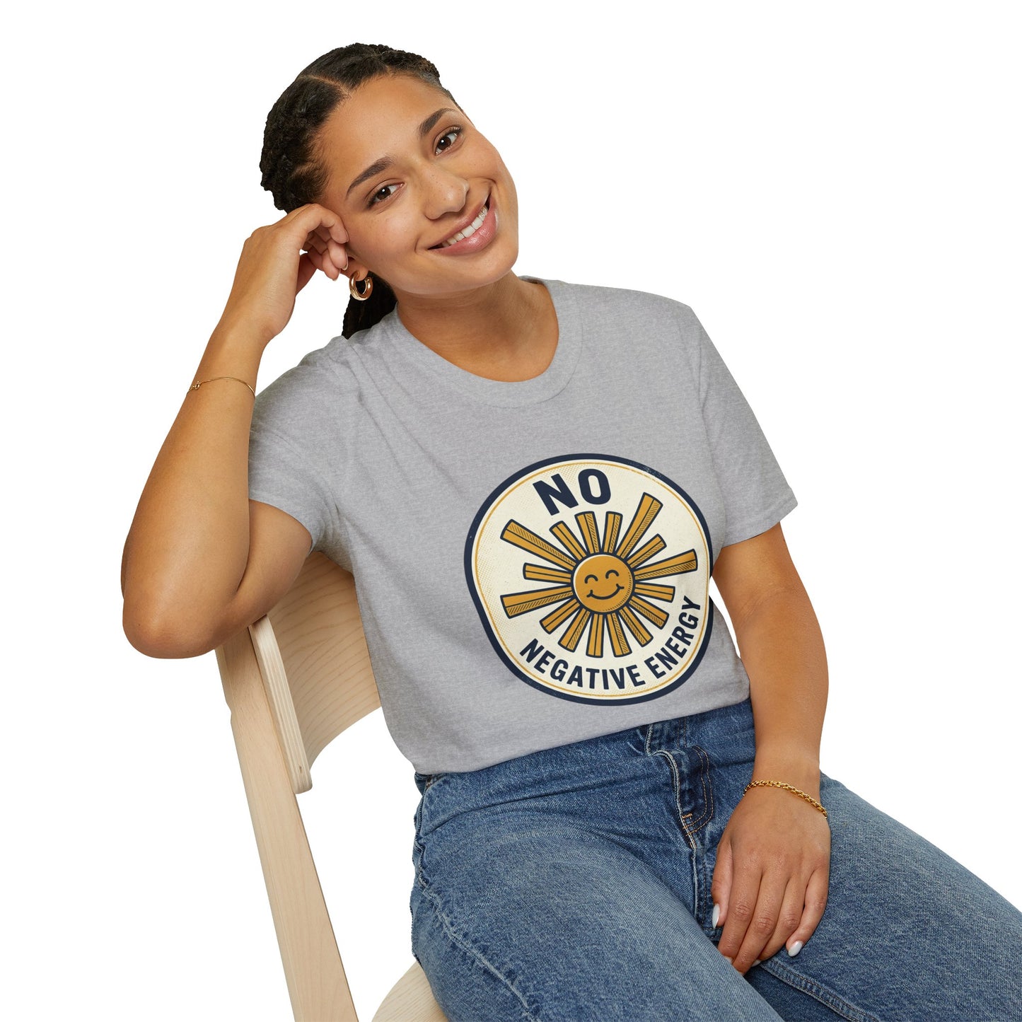 No Negative Energy T-Shirt — Retro Smiling Sun Positive Vibes Tee