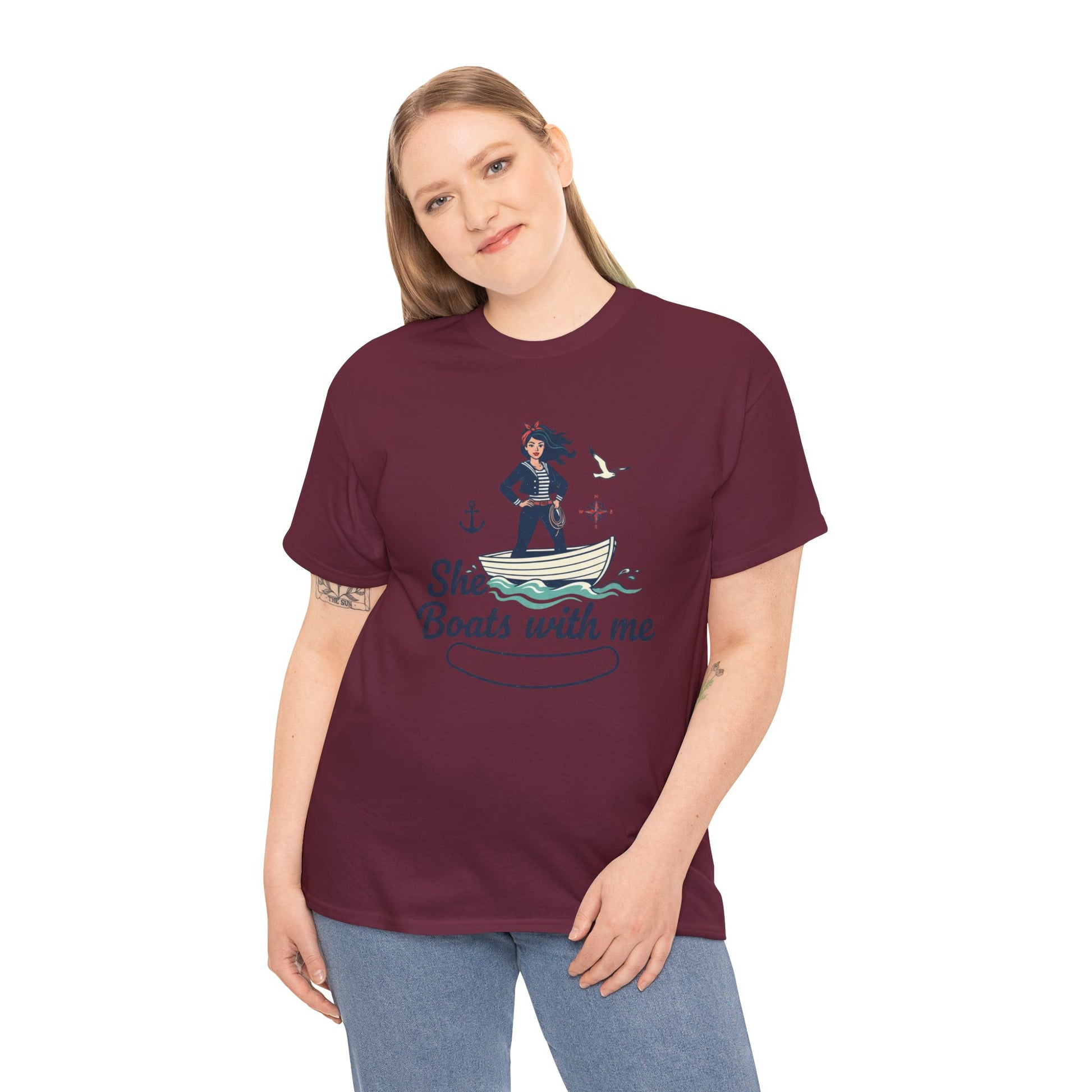 T-Shirt — "She Boats With Me" Nautical Couple Tee Printify