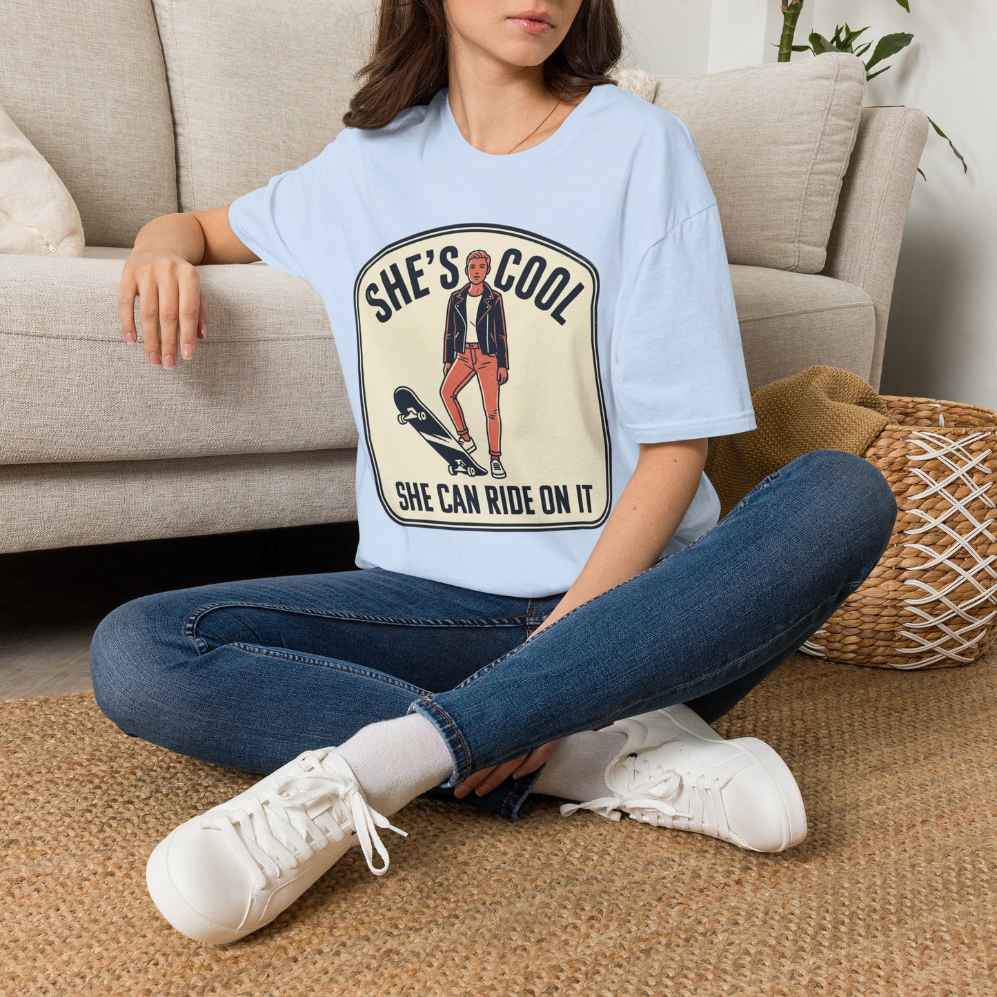 She's Cool Skateboarder T-Shirt — "She's Cool, She Can Ride On It" Retro Graphic Tee