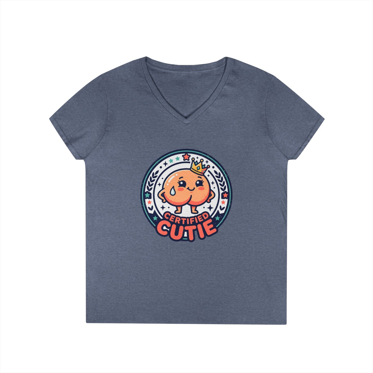 Certified Cutie V-Neck T-Shirt — Cute Cartoon Badge Graphic Tee for Women Printify