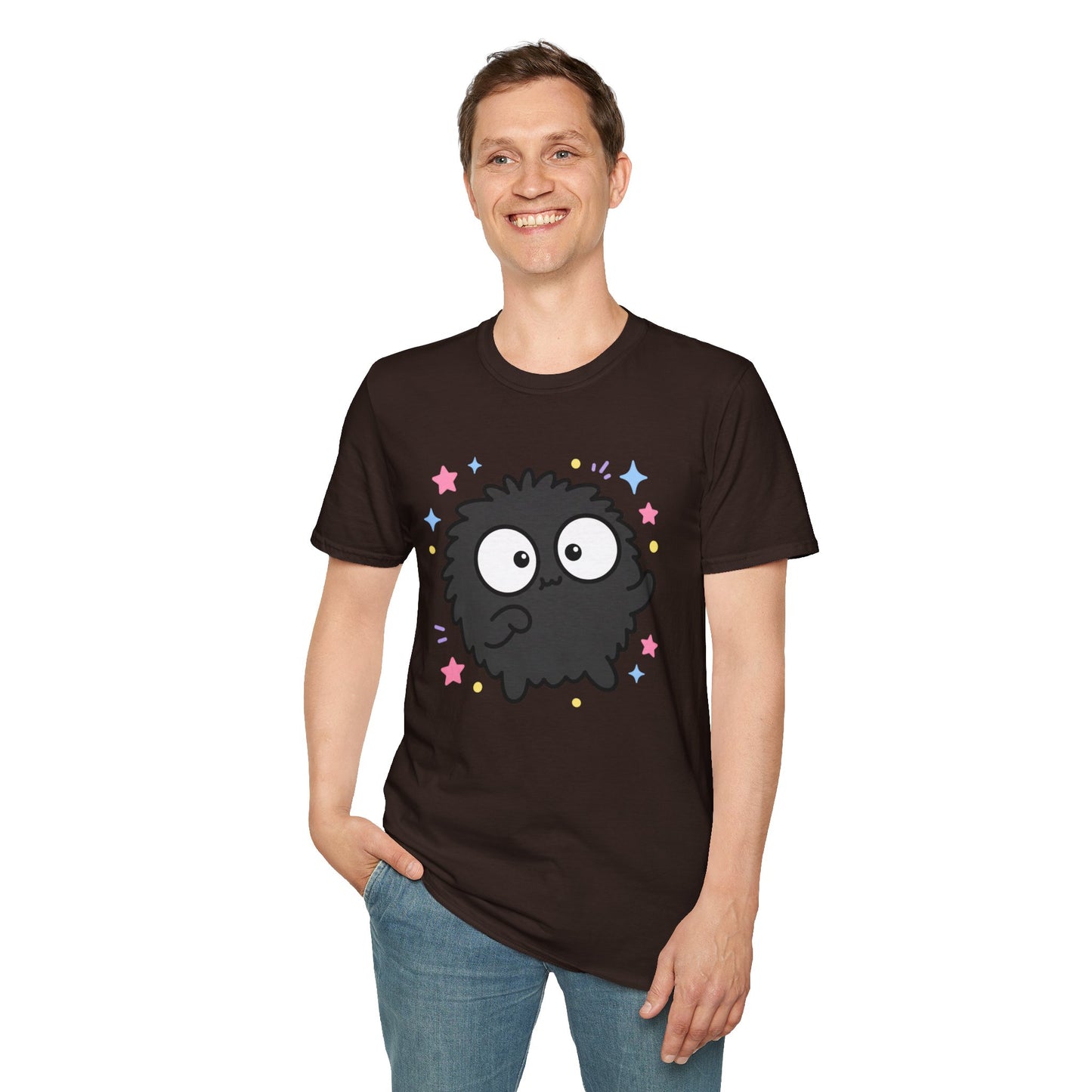 Cute Black Fuzzball T-Shirt — Kawaii Monster Tee with Stars